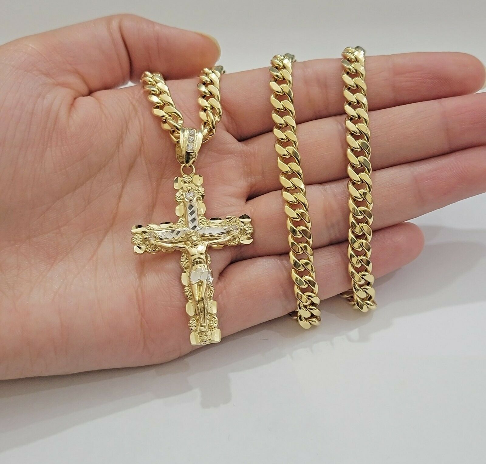 14k Gold Chain Cross SET Miami Cuban Link Necklace 7.5mm 22" - 28" ,Charm Pendant - GoldenlinQ