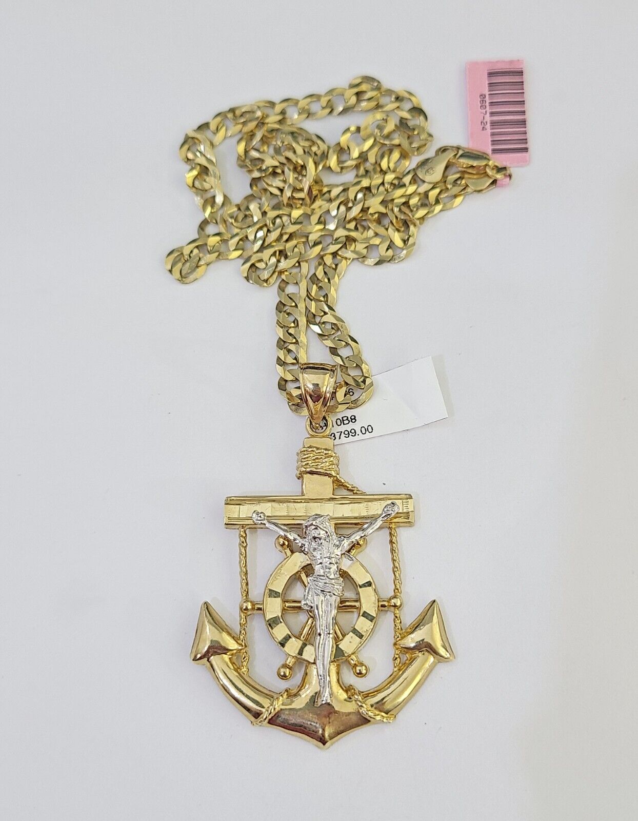 14k Gold Chain Jesus Anchor Charm Solid Cuban Curb 5mm 20" - 26" Inch SET Necklace - GoldenlinQ