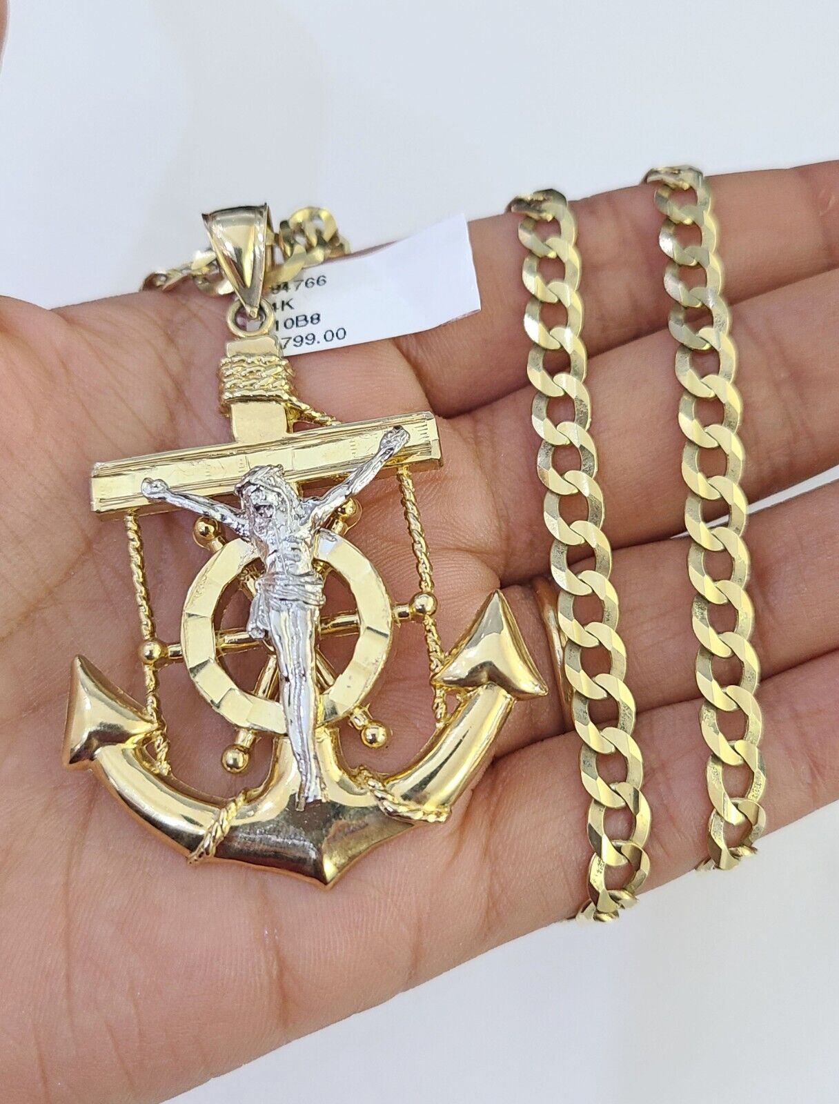 14k Gold Chain Jesus Anchor Charm Solid Cuban Curb 5mm 20" - 26" Inch SET Necklace - GoldenlinQ