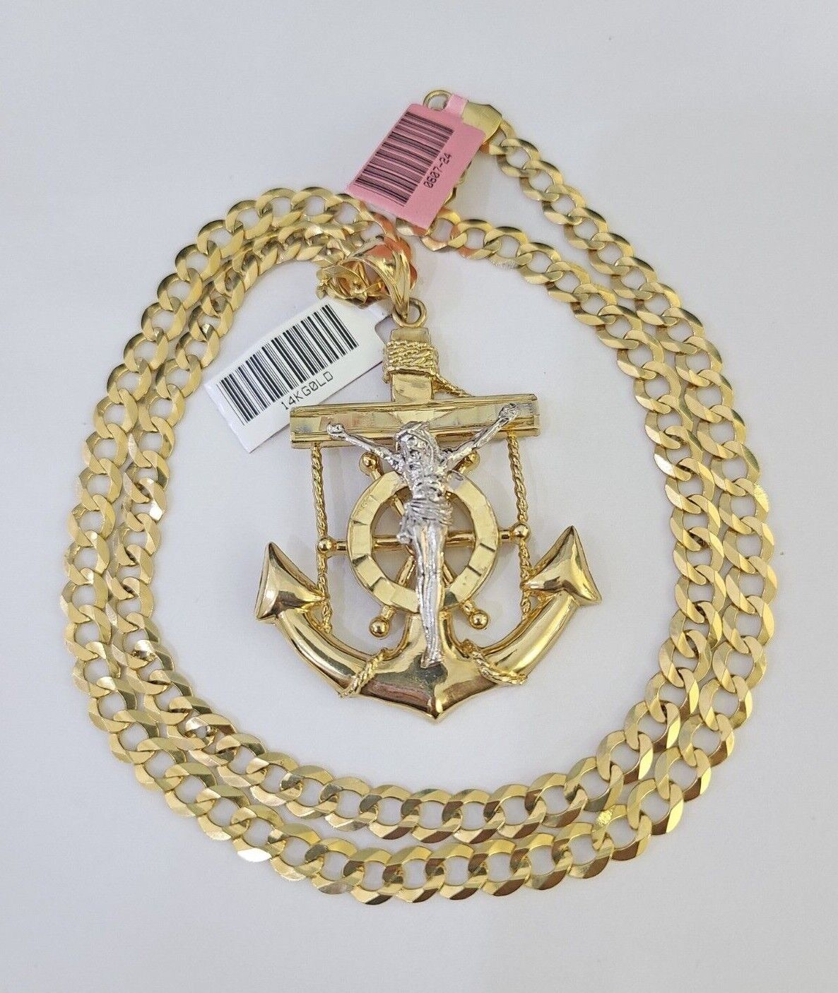 14k Gold Chain Jesus Anchor Charm Solid Cuban Curb 5mm 20" - 28" SET Necklace - GoldenlinQ