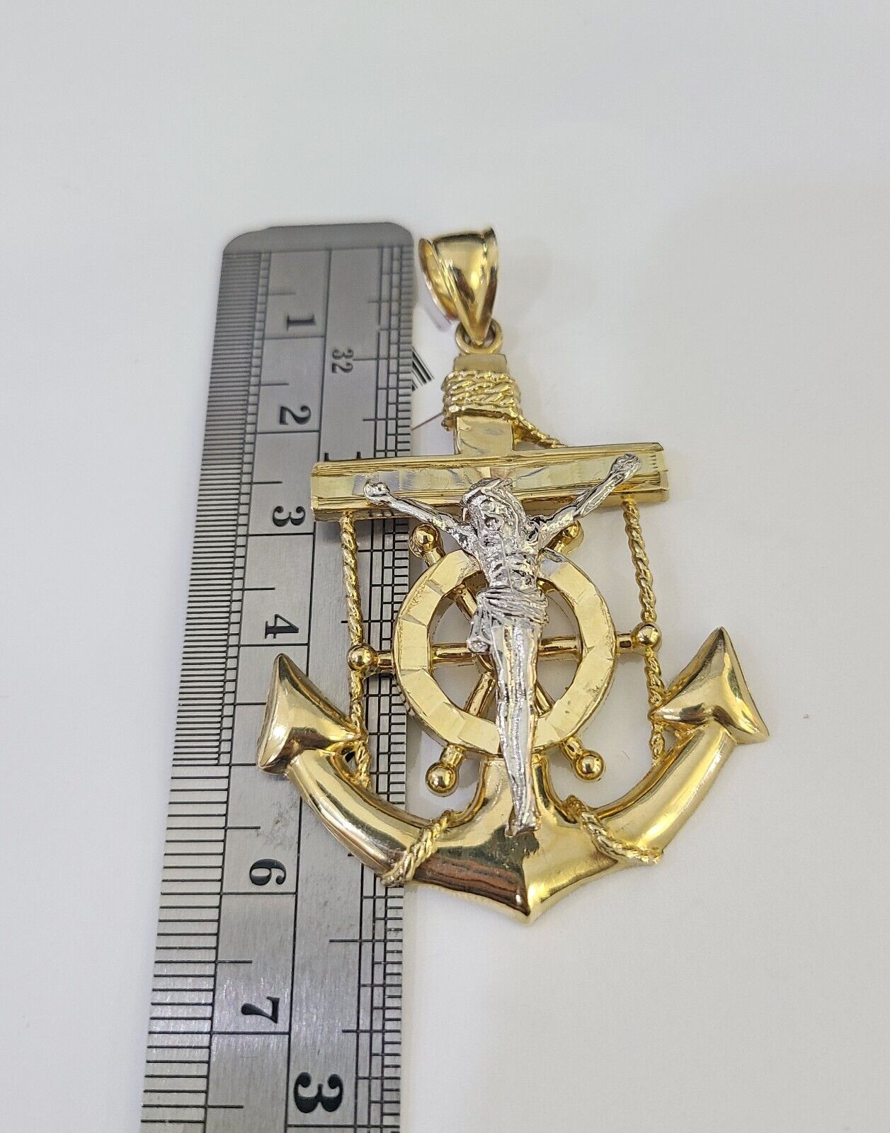 14k Gold Chain Jesus Anchor Charm Solid Cuban Curb 5mm 20" - 28" SET Necklace - GoldenlinQ