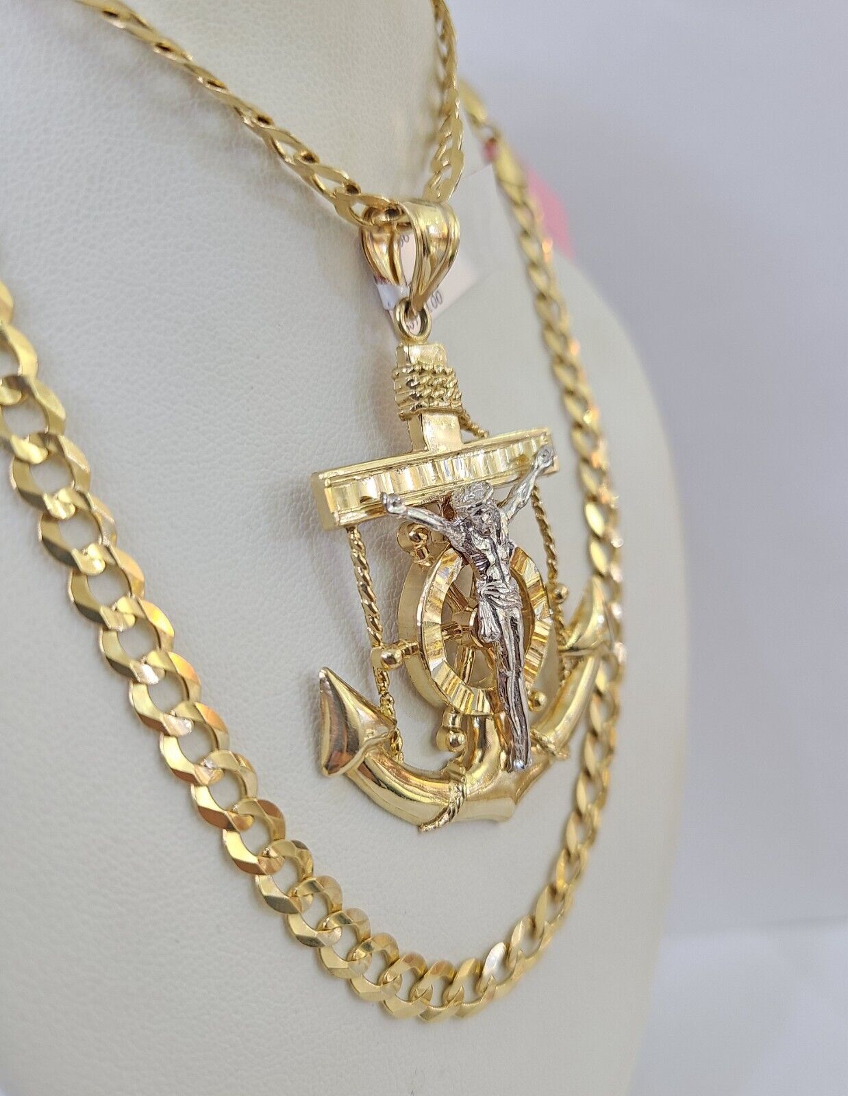 14k Gold Chain Jesus Anchor Charm Solid Cuban Curb 5mm 20" - 28" SET Necklace - GoldenlinQ