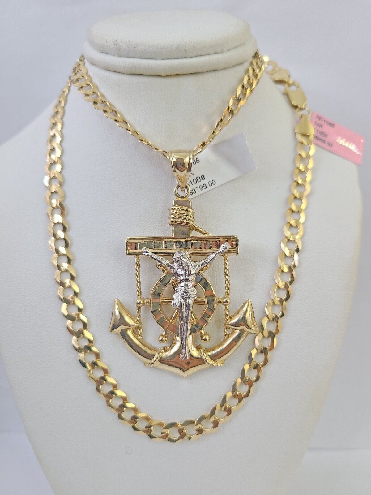 14k Gold Chain Jesus Anchor Charm Solid Cuban Curb 5mm 20" - 28" SET Necklace - GoldenlinQ