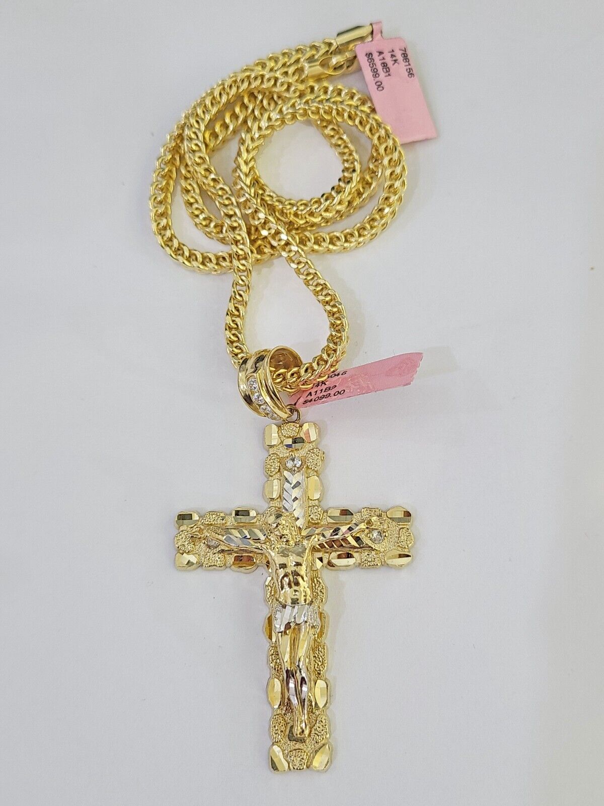 14k Gold Chain Jesus Cross Charm Solid Cuban Curb 5mm 20" - 26" Inch SET Necklace - GoldenlinQ