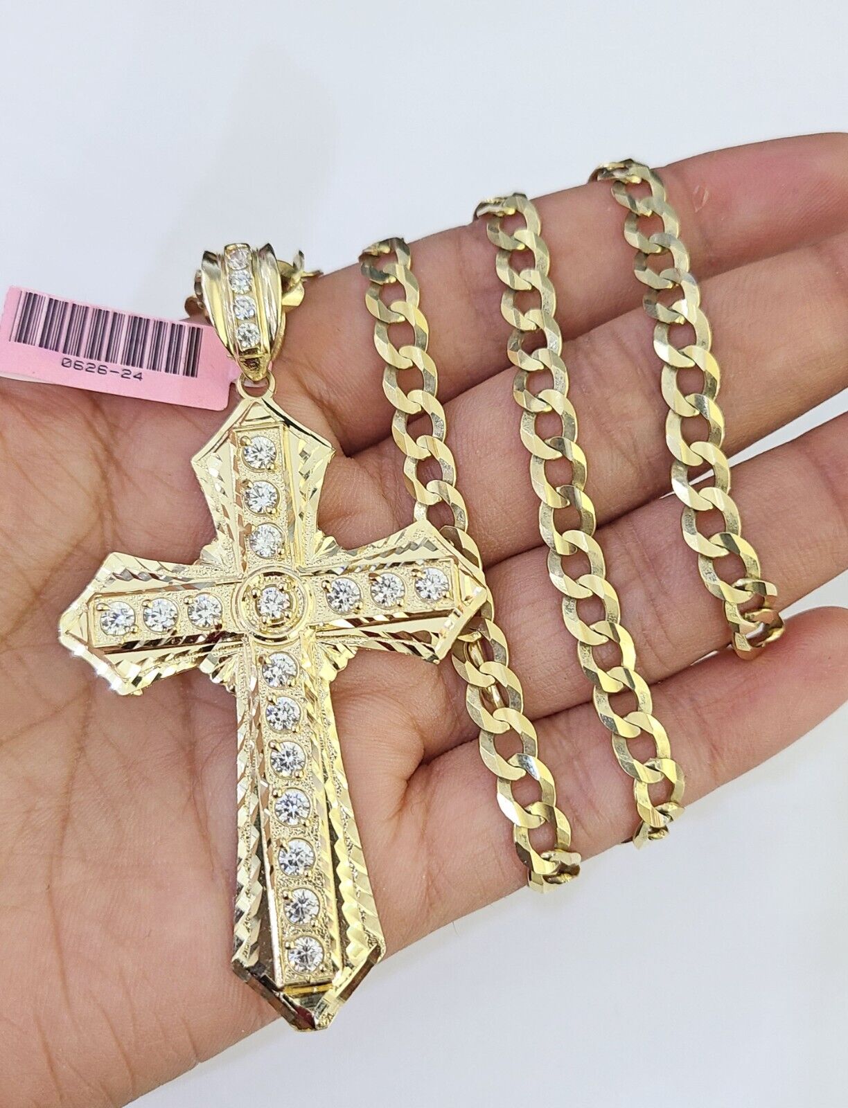14k Gold Chain Jesus Cross Charm Solid Cuban Curb 5mm 20" - 26" Inch SET Necklace - GoldenlinQ
