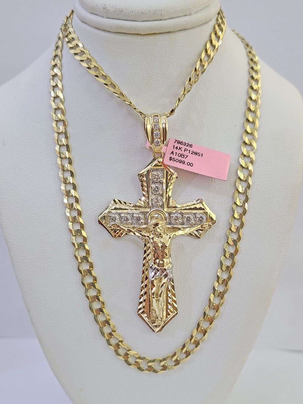 14k Gold Chain Jesus Cross Charm Solid Cuban Curb 5mm 20" - 26" Inch SET Necklace - GoldenlinQ