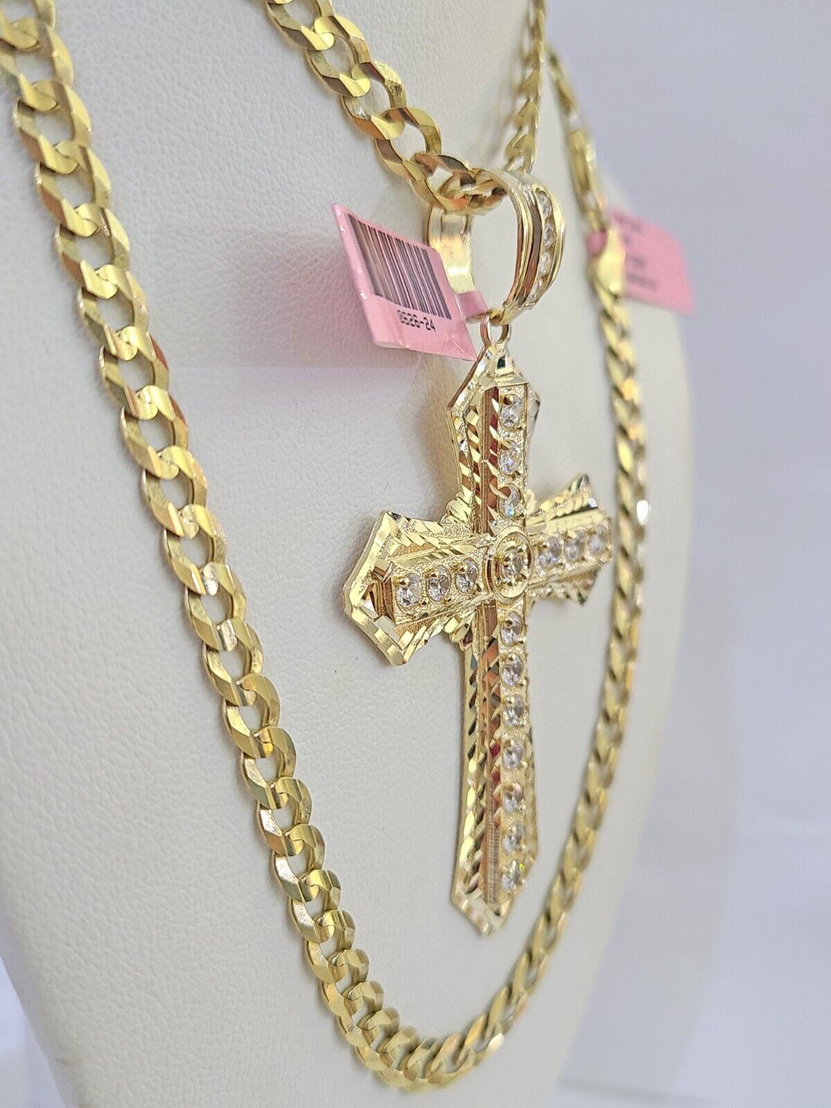 14k Gold Chain Jesus Cross Charm Solid Cuban Curb 5mm 20" - 26" Inch SET Necklace - GoldenlinQ