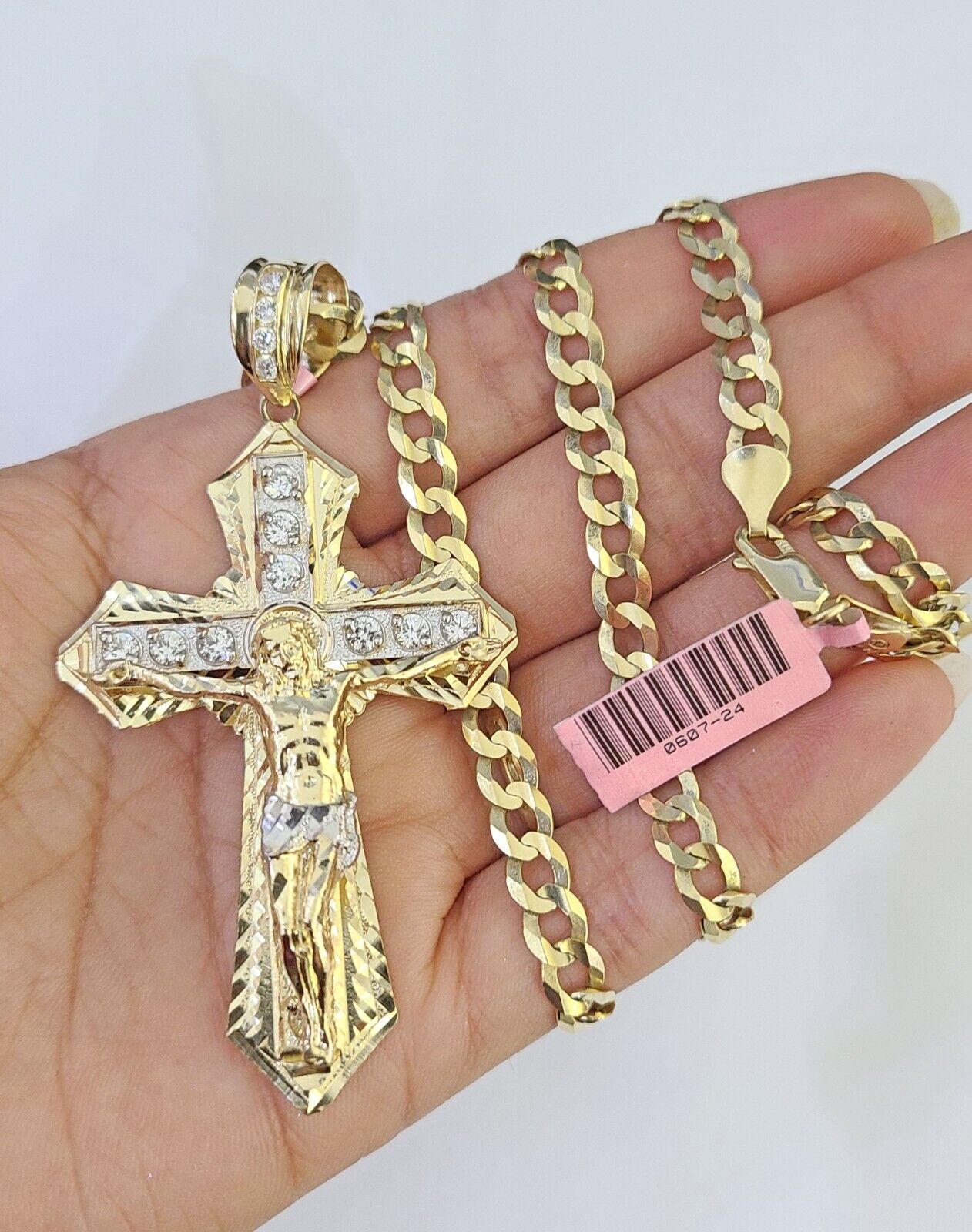 14k Gold Chain Jesus Cross Charm Solid Cuban Curb 5mm 20" - 26" Inch SET Necklace - GoldenlinQ