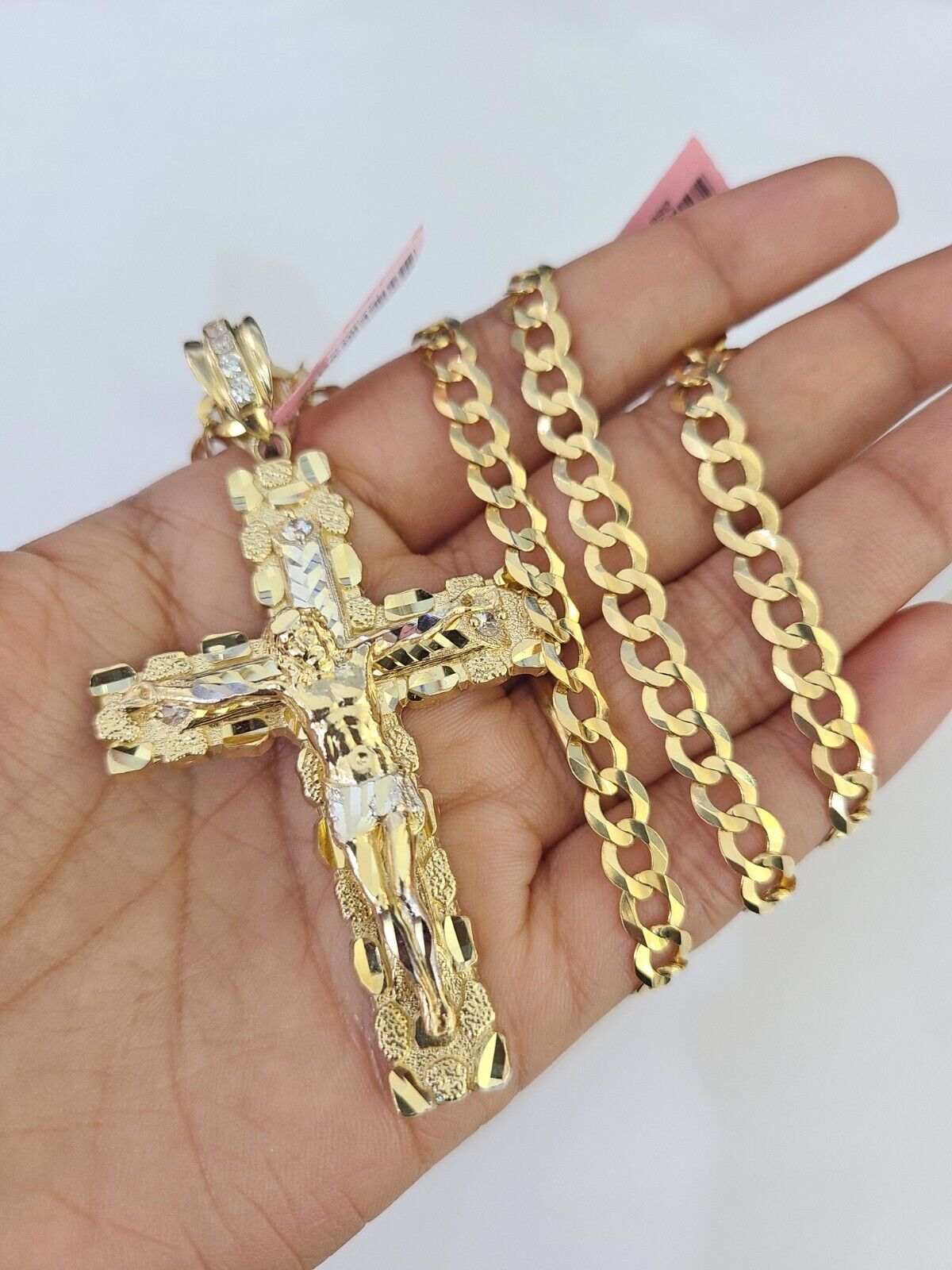 14k Gold Chain Jesus Cross Charm Solid Cuban Curb 5mm 20" - 28" Inch SET Necklace - GoldenlinQ