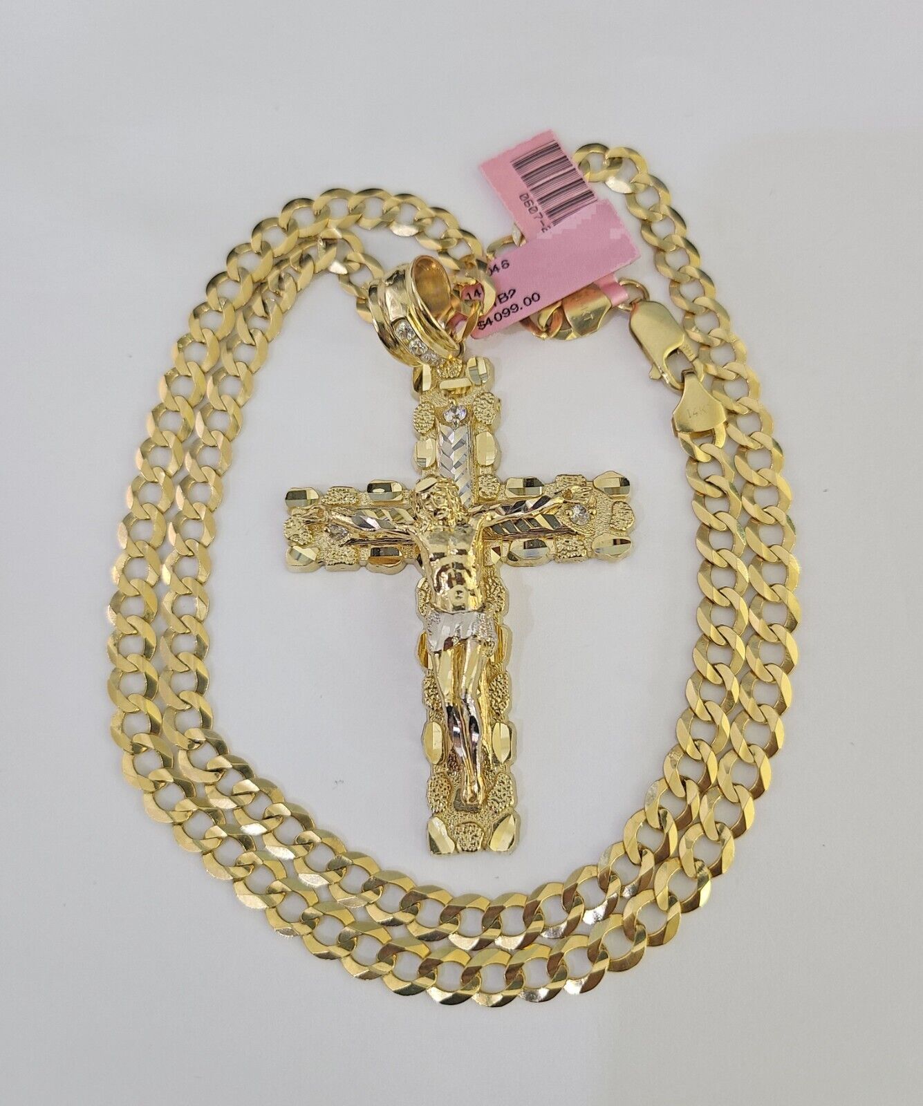 14k Gold Chain Jesus Cross Charm Solid Cuban Curb 5mm 20" - 28" Inch SET Necklace - GoldenlinQ