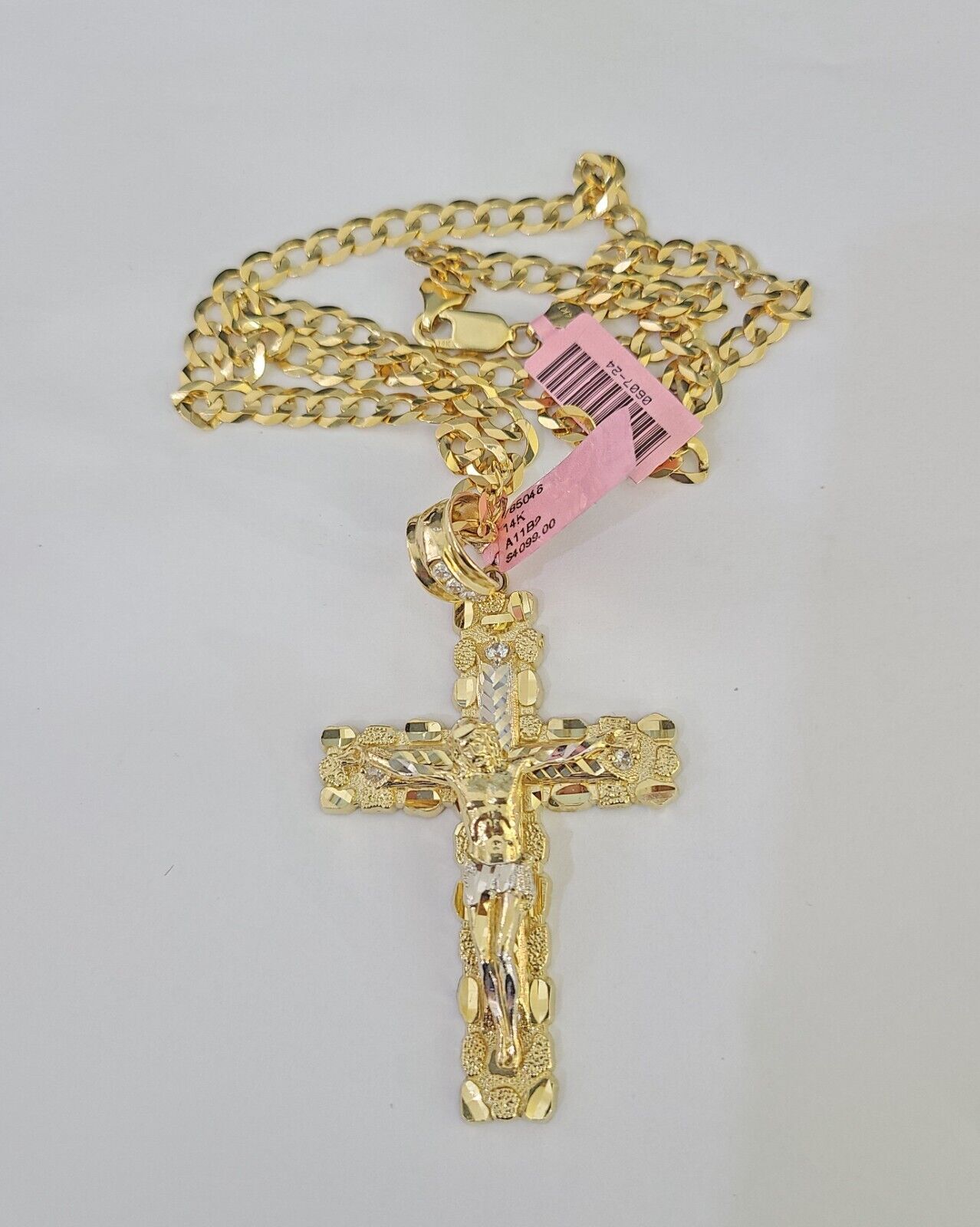 14k Gold Chain Jesus Cross Charm Solid Cuban Curb 5mm 20" - 28" Inch SET Necklace - GoldenlinQ