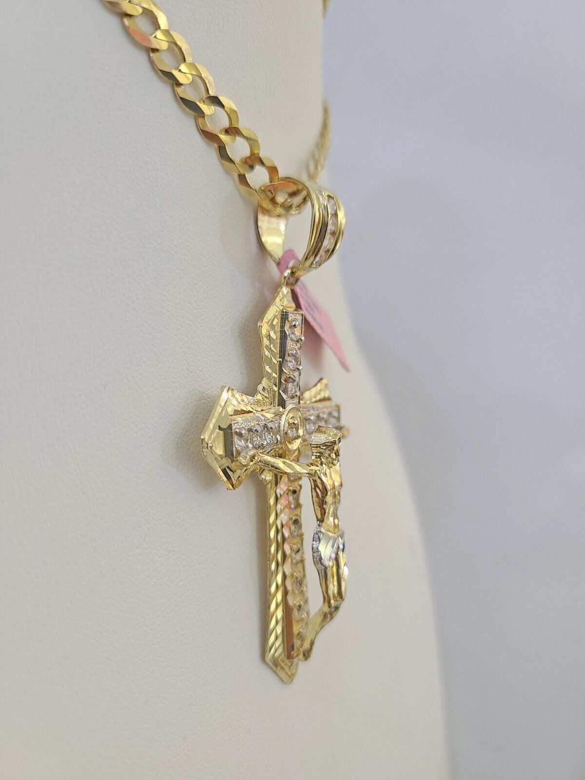 14k Gold Chain Jesus Cross Charm Solid Cuban Curb 5mm 20" - 28" Inch SET Necklace - GoldenlinQ