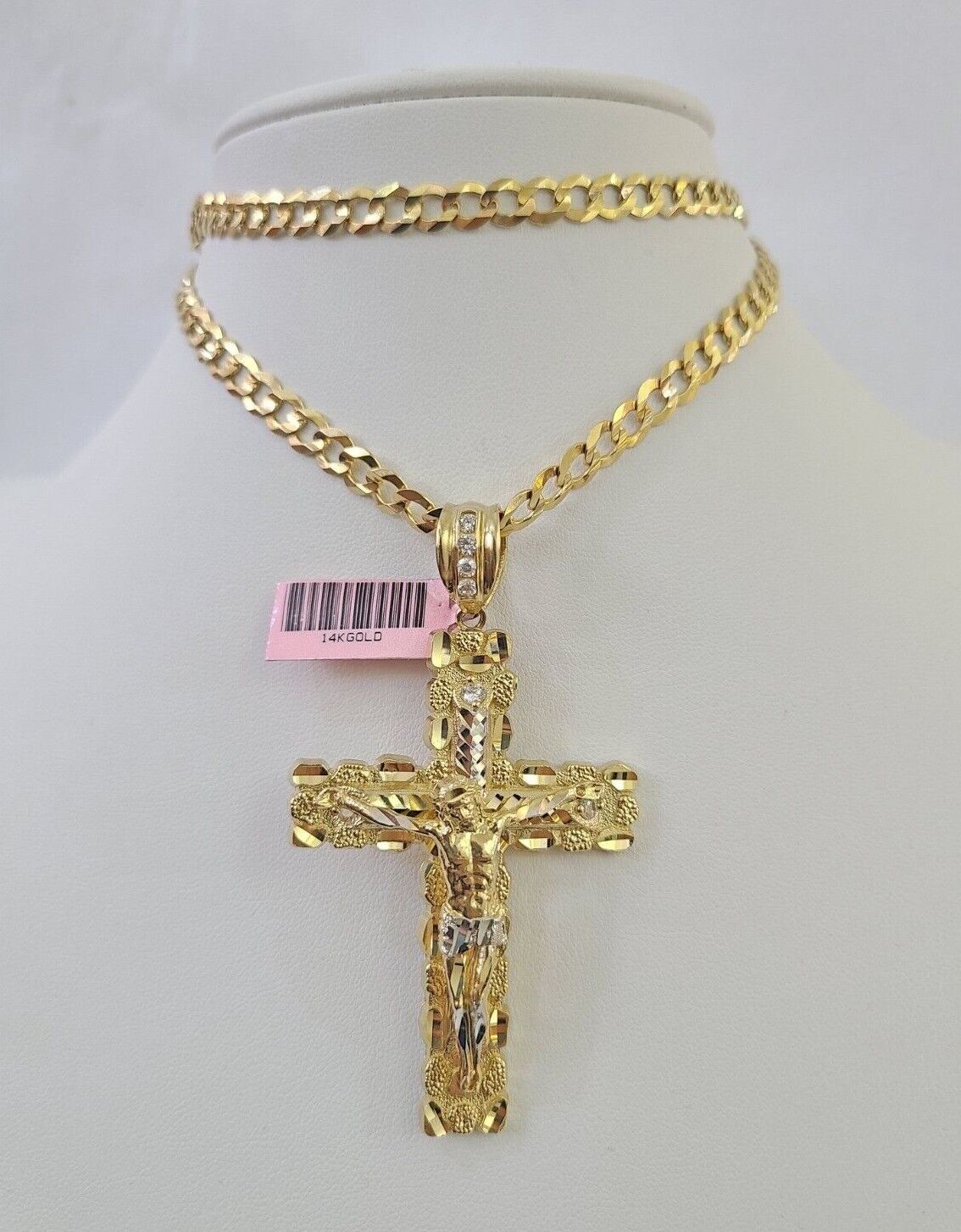 14k Gold Chain Jesus Cross Charm Solid Cuban Curb 5mm 20" - 28" Inch SET Necklace - GoldenlinQ