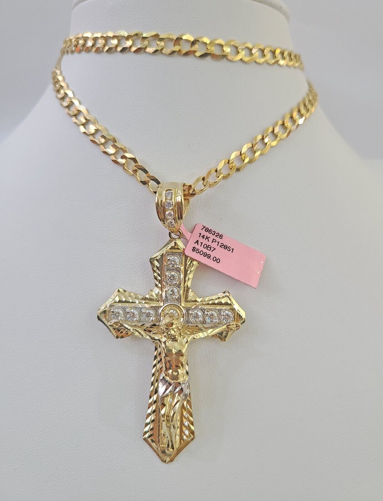 14k Gold Chain Jesus Cross Charm Solid Cuban Curb 5mm 20" - 28" Inch SET Necklace - GoldenlinQ