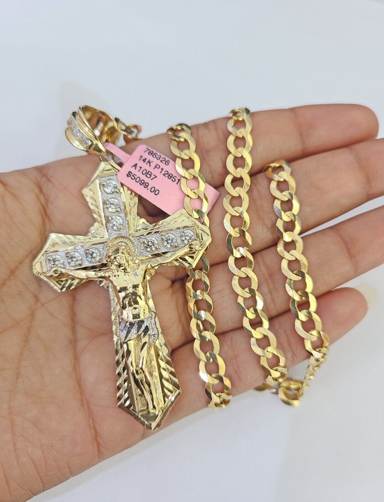 14k Gold Chain Jesus Cross Charm Solid Cuban Curb 5mm 20" - 28" Inch SET Necklace - GoldenlinQ