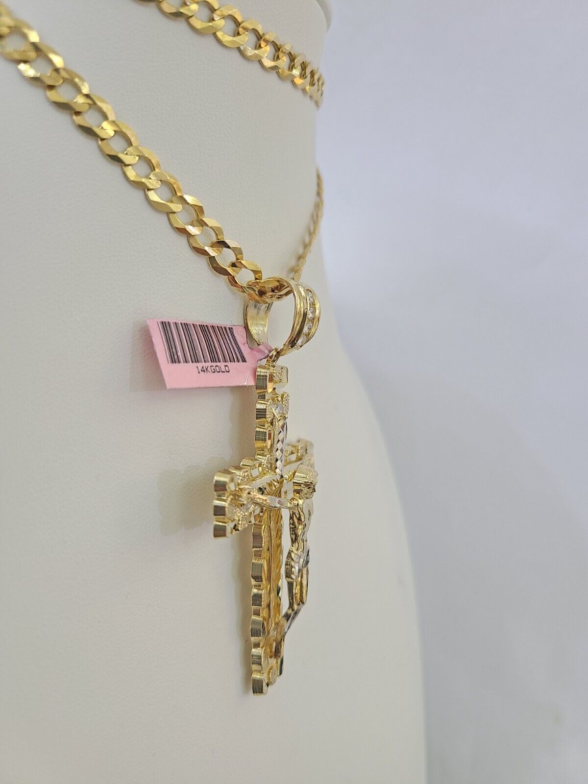 14k Gold Chain Jesus Cross Charm Solid Cuban Curb 5mm 20" - 28" Inch SET Necklace - GoldenlinQ