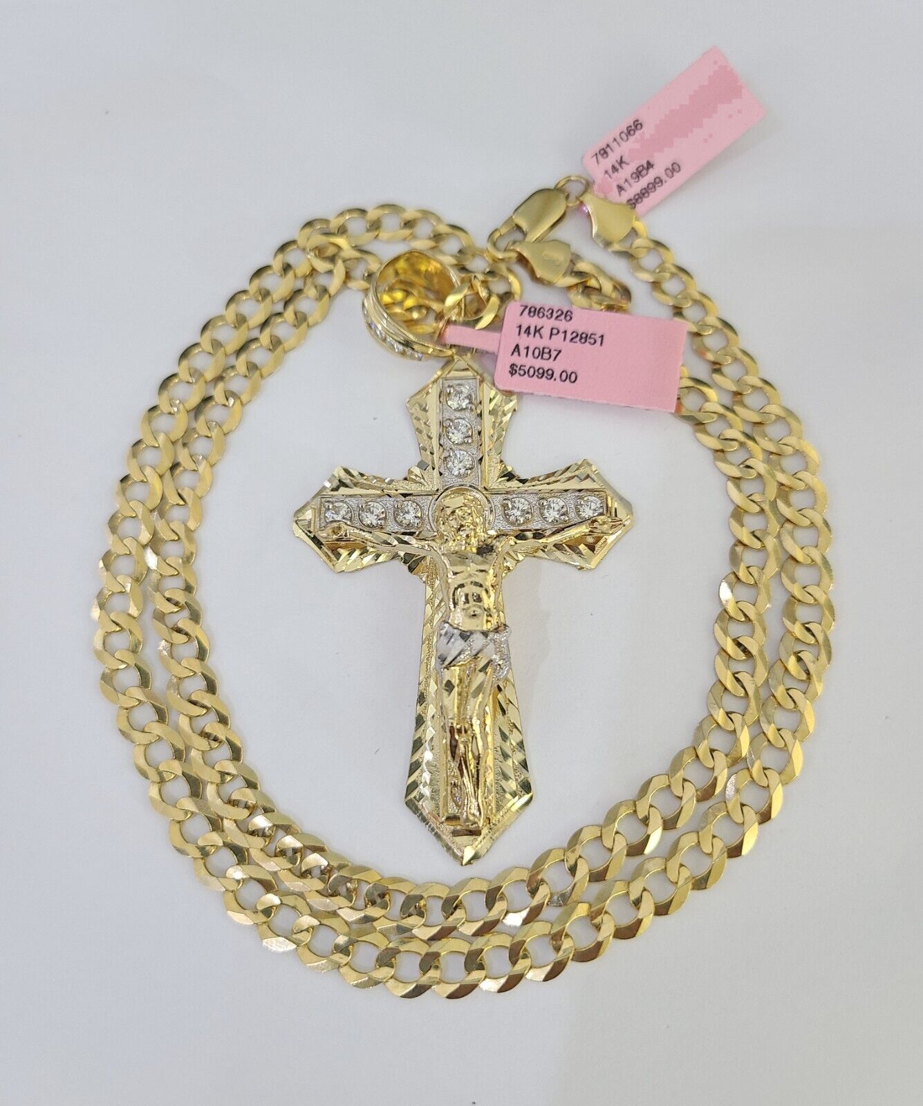 14k Gold Chain Jesus Cross Charm Solid Cuban Curb 5mm 20" - 28" Inch SET Necklace - GoldenlinQ