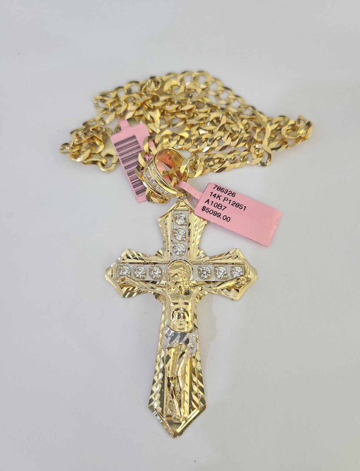 14k Gold Chain Jesus Cross Charm Solid Cuban Curb 5mm 20" - 28" Inch SET Necklace - GoldenlinQ