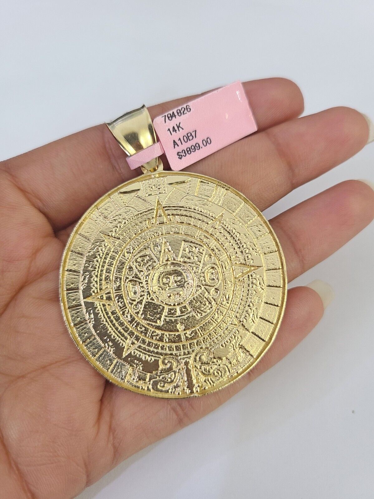 14k Gold Chain Mayan Calendar Charm Solid Cuban Curb 5mm 20" - 28" SET Necklace - GoldenlinQ