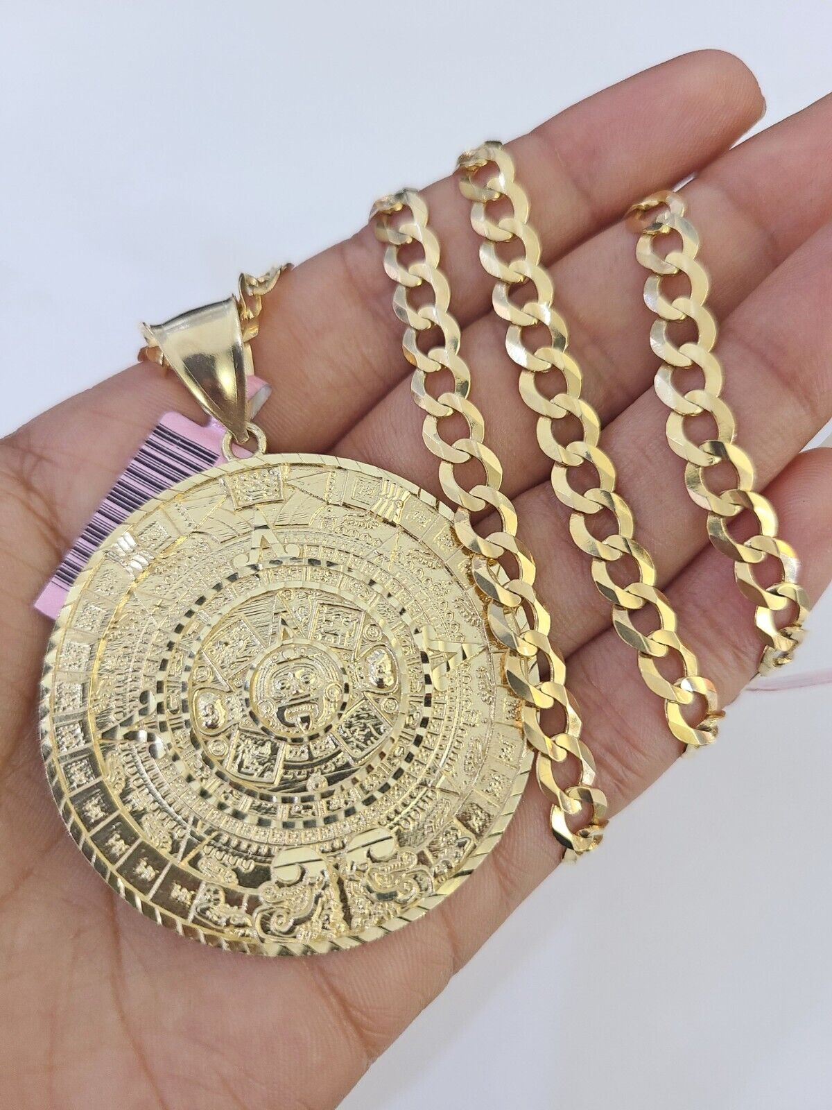 14k Gold Chain Mayan Calendar Charm Solid Cuban Curb 5mm 20" - 28" SET Necklace - GoldenlinQ