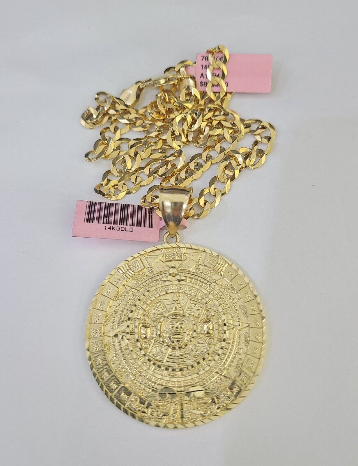 14k Gold Chain Mayan Calendar Charm Solid Cuban Curb 5mm 20" - 28" SET Necklace - GoldenlinQ