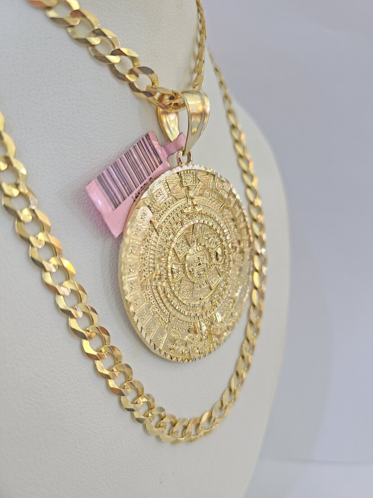 14k Gold Chain Mayan Calendar Charm Solid Cuban Curb 5mm 20" - 28" SET Necklace - GoldenlinQ