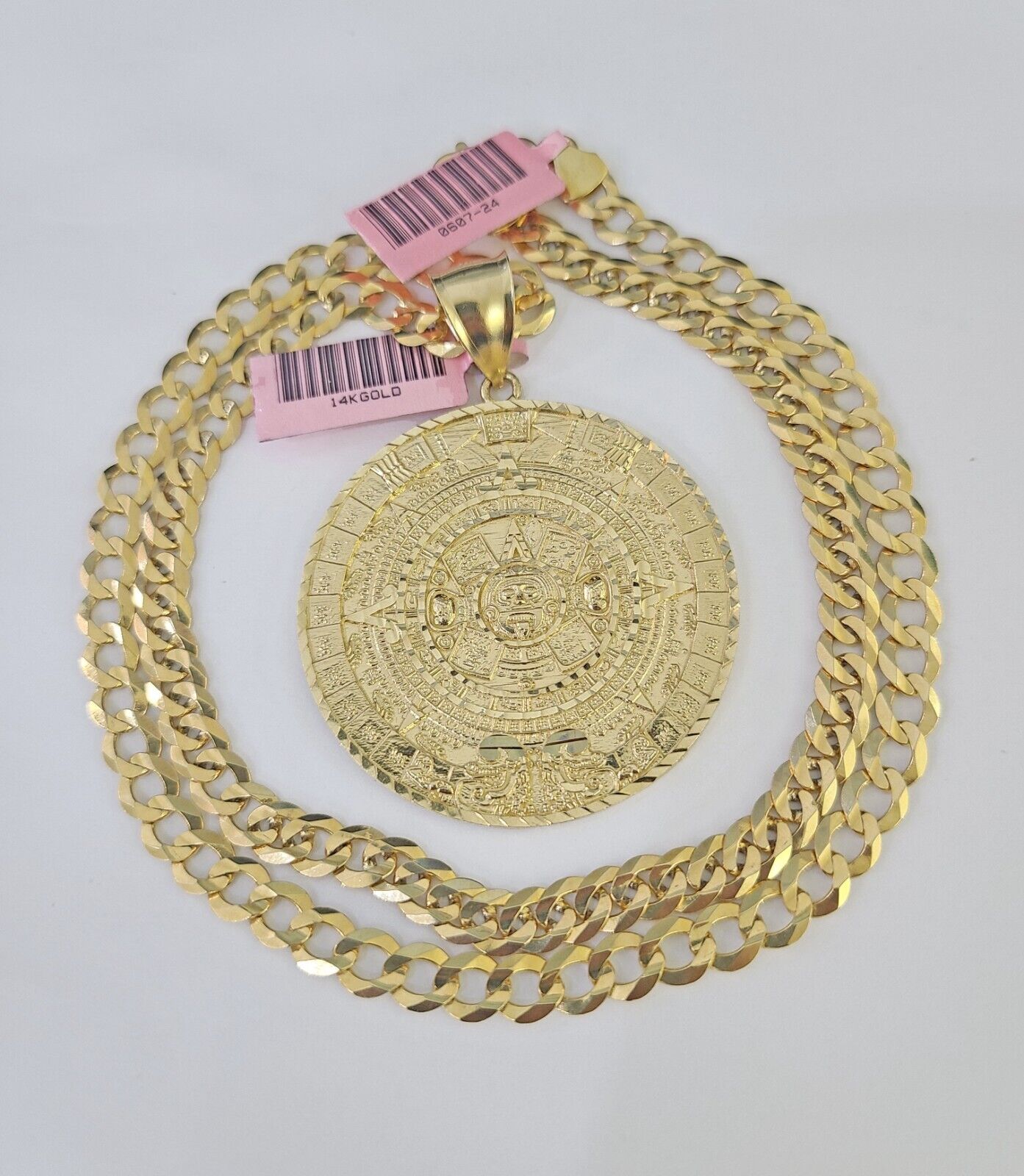 14k Gold Chain Mayan Calendar Charm Solid Cuban Curb 5mm 20" - 28" SET Necklace - GoldenlinQ