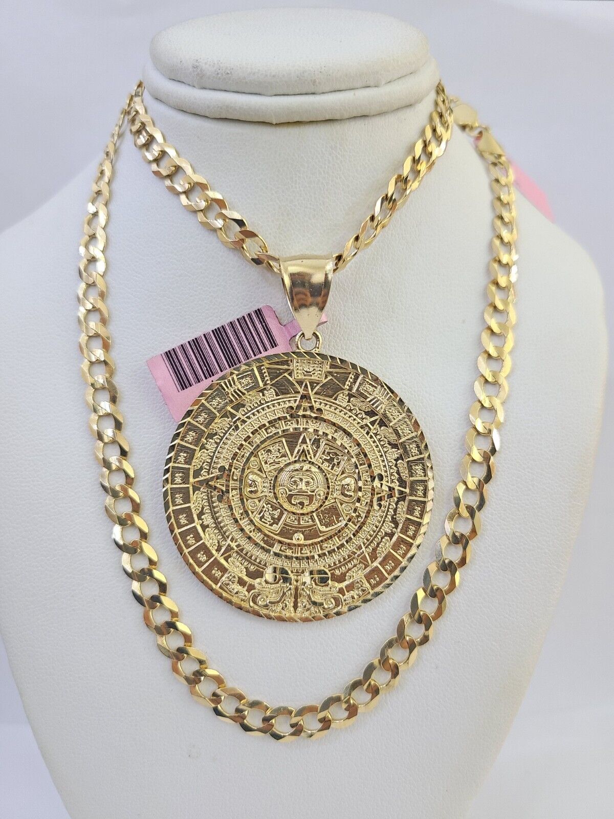 14k Gold Chain Mayan Calendar Charm Solid Cuban Curb 5mm 20" - 28" SET Necklace - GoldenlinQ