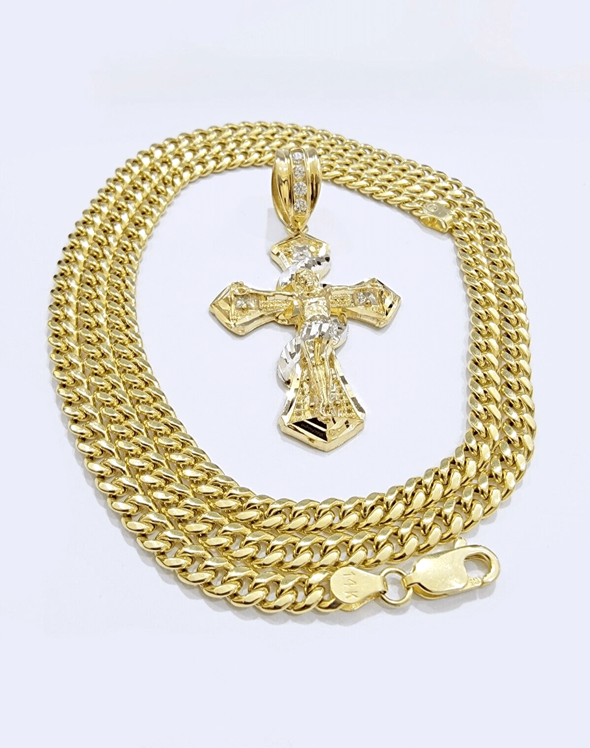 14k Gold Cross Charm Miami Cuban Link Chain 5mm 26'' Necklace 14kt Pendant SALE - GoldenlinQ
