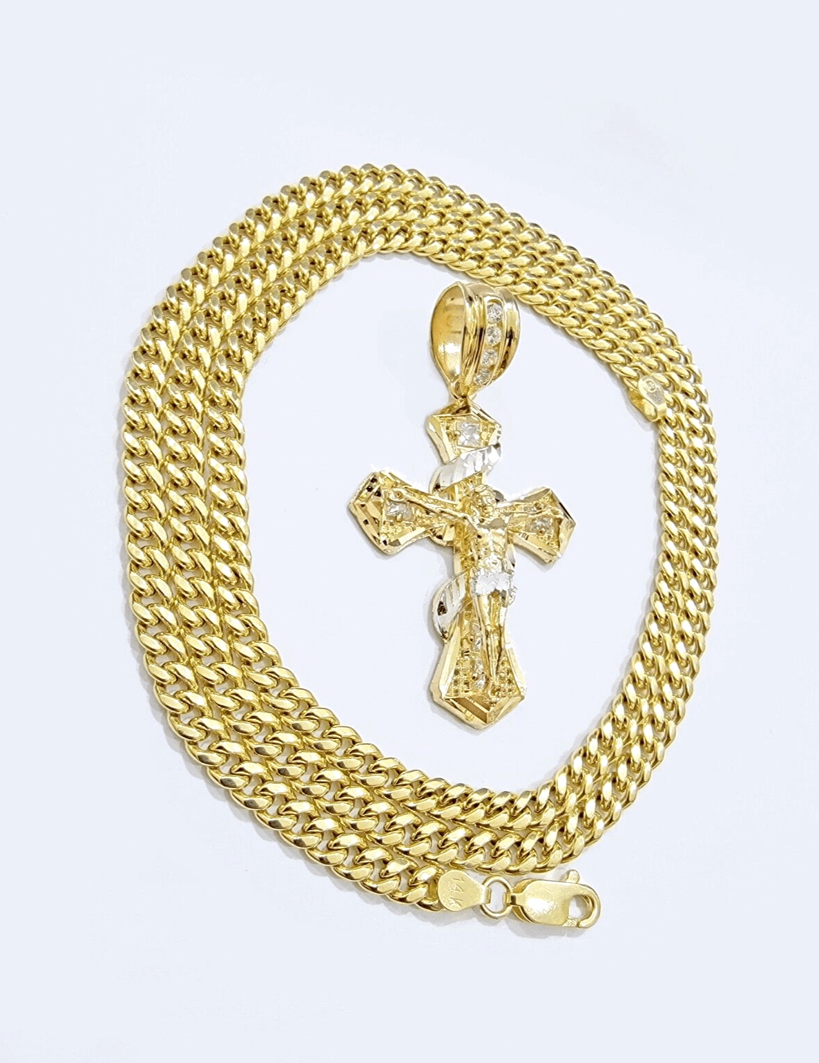 14k Gold Cross Charm Miami Cuban Link Chain 5mm 26'' Necklace 14kt Pendant SALE - GoldenlinQ