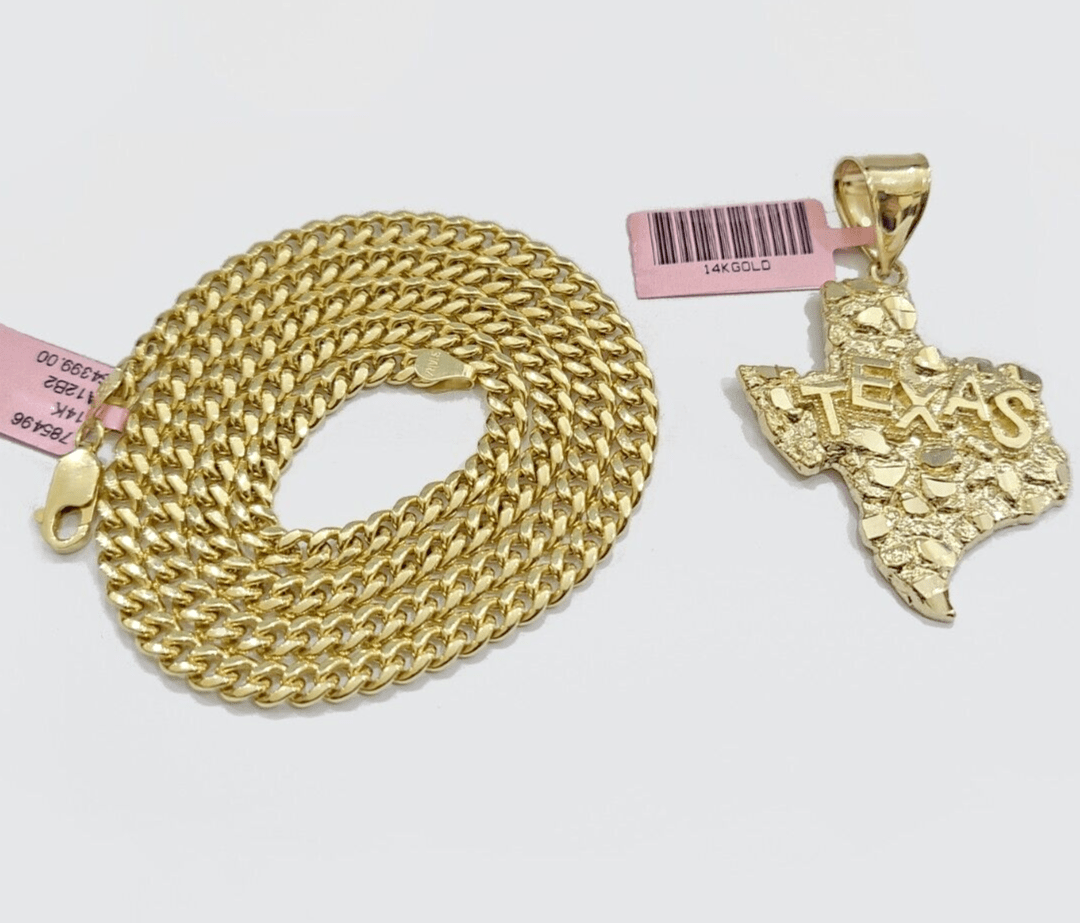 14k Gold Cuban Link Chain 24" Necklace Texas Map Charm Pendant Real 14KT SET