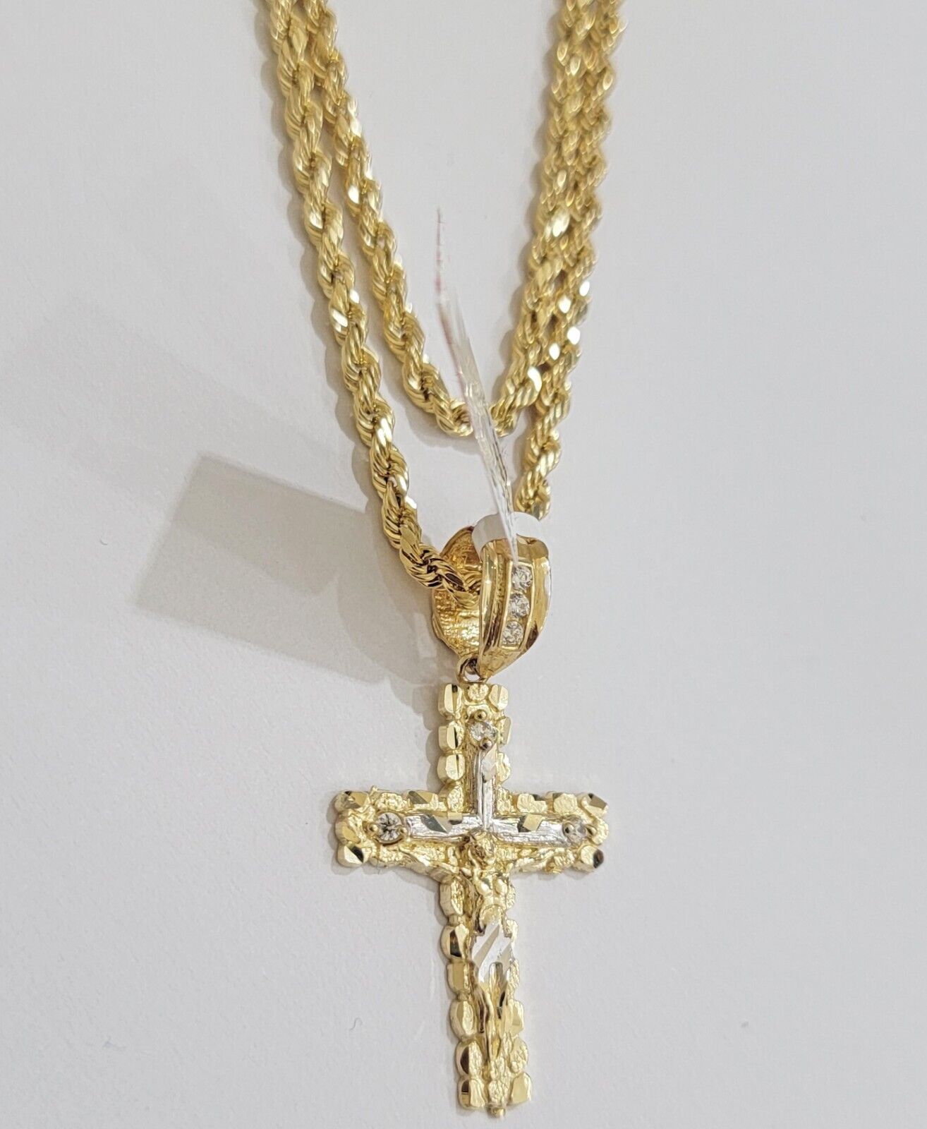 14k Gold Rope Chain Necklace Cross Charm Pendant Set 16 - 28" inch 3mm , Real 14KT - GoldenlinQ