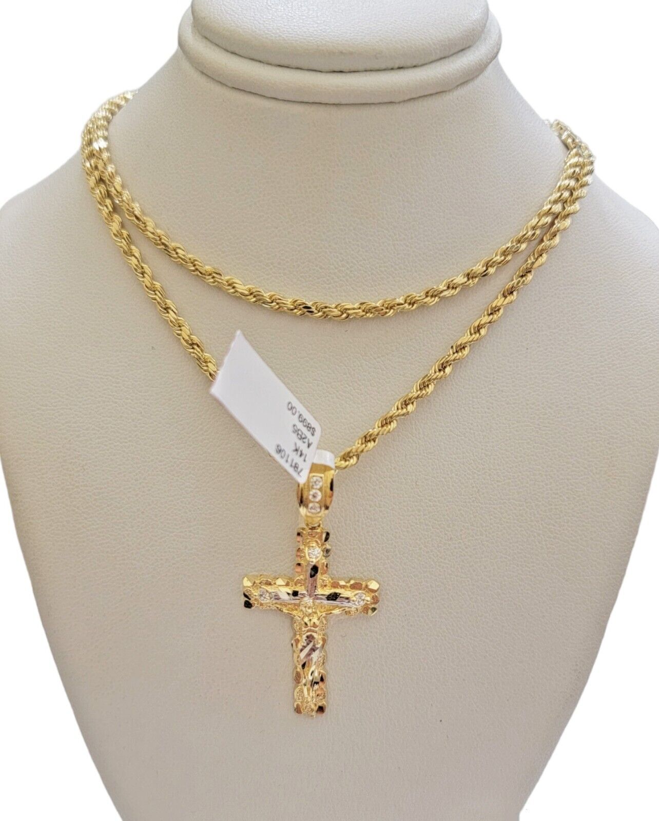 14k Gold Rope Chain Necklace Cross Charm Pendant Set 16 - 28" inch 3mm , Real 14KT - GoldenlinQ