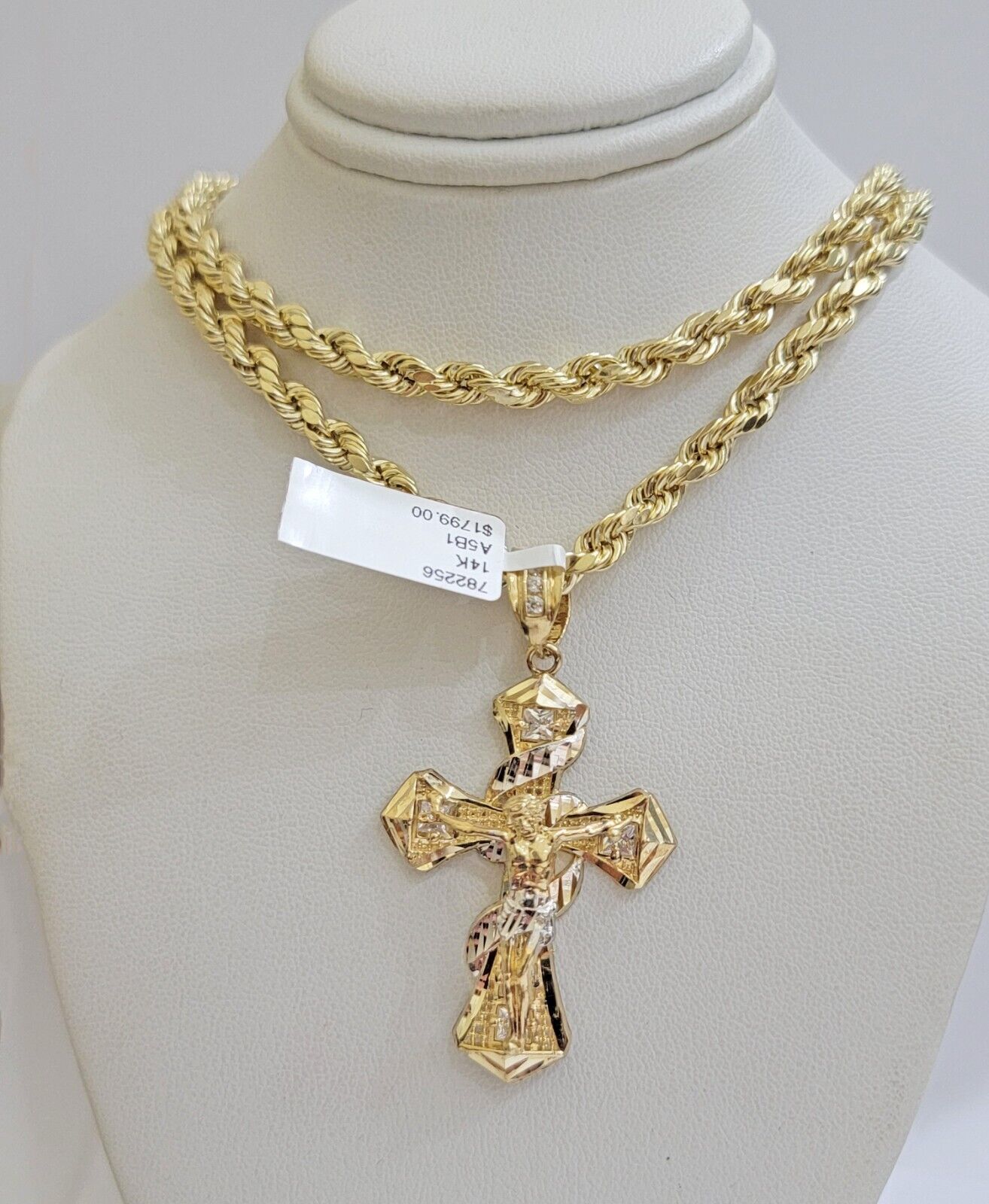 14k Gold Rope Chain Necklace Jesus Cross Charm Pendant Set 18 - 28" inch 5mm, REAL - GoldenlinQ