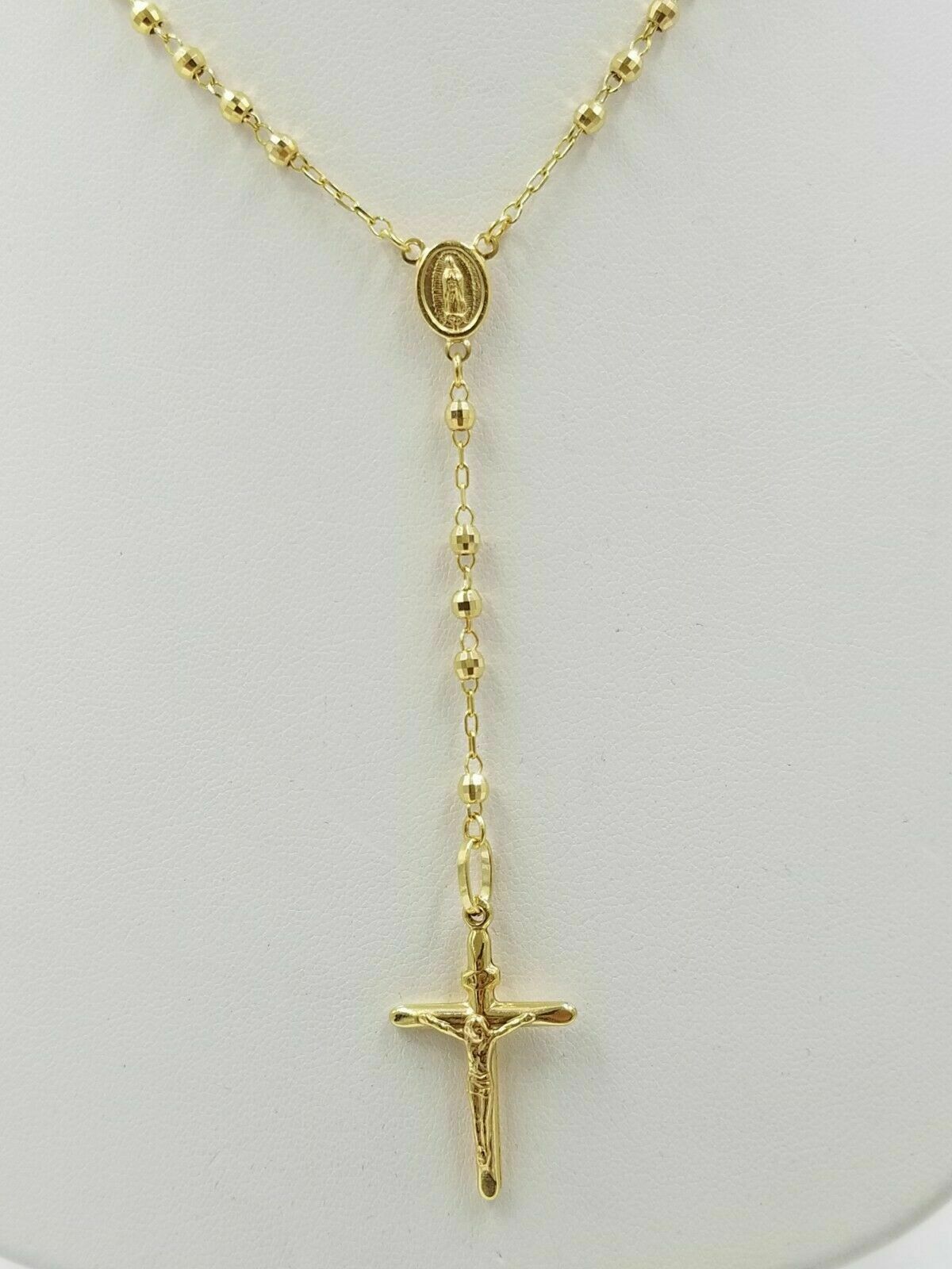 14k Gold Rosary Necklace 18" - 24" REAL 14KT yellow Gold Jesus cross Chain pendant - GoldenlinQ