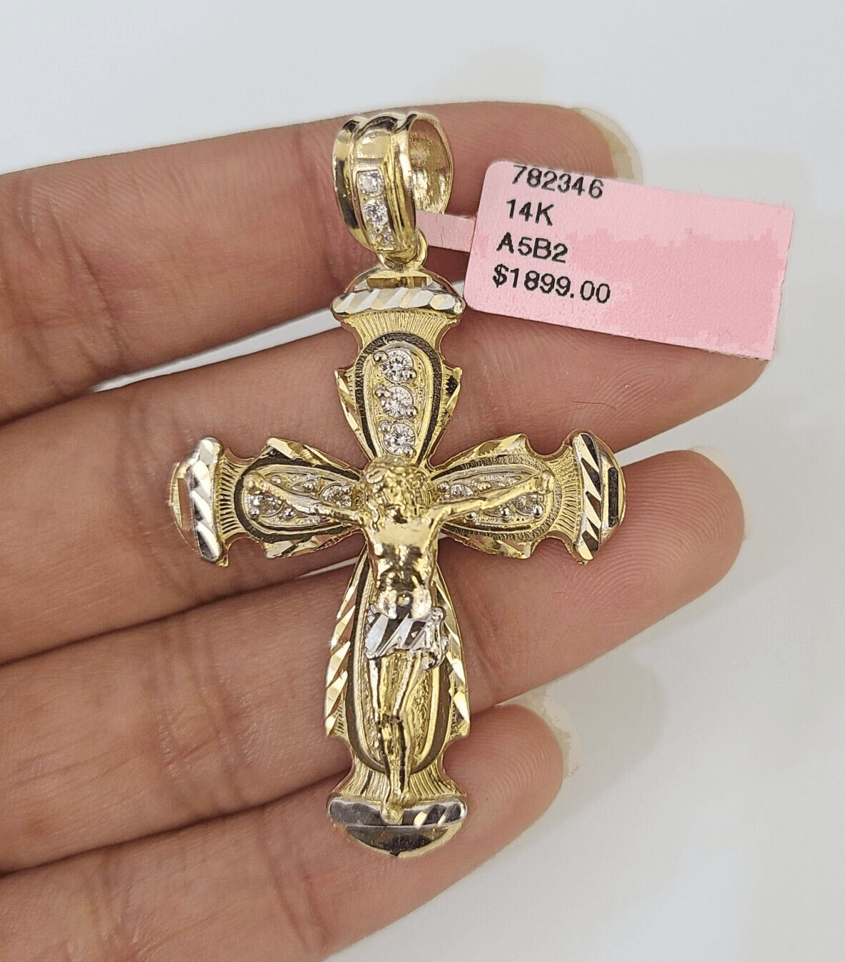 14k Jesus Christ CZ Cross Charm Pendant Yellow Gold REAL Genuine Diamond Cuts - GoldenlinQ