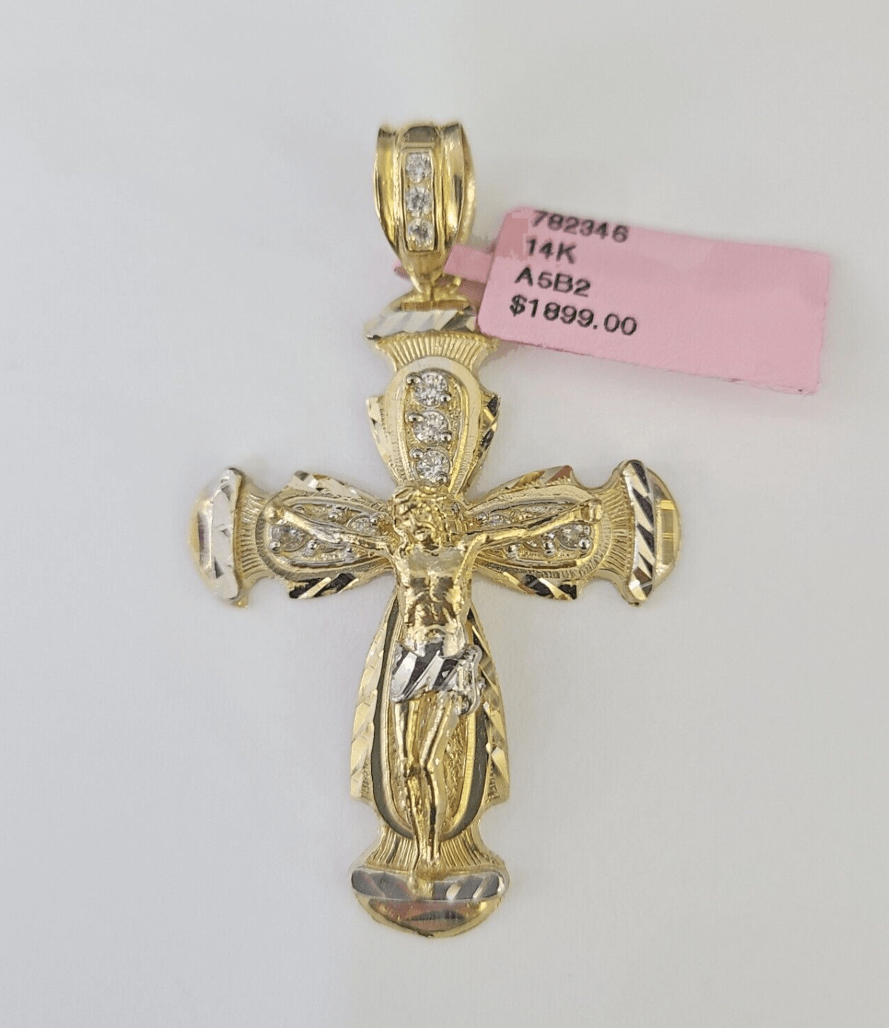 14k Jesus Christ CZ Cross Charm Pendant Yellow Gold REAL Genuine Diamond Cuts - GoldenlinQ