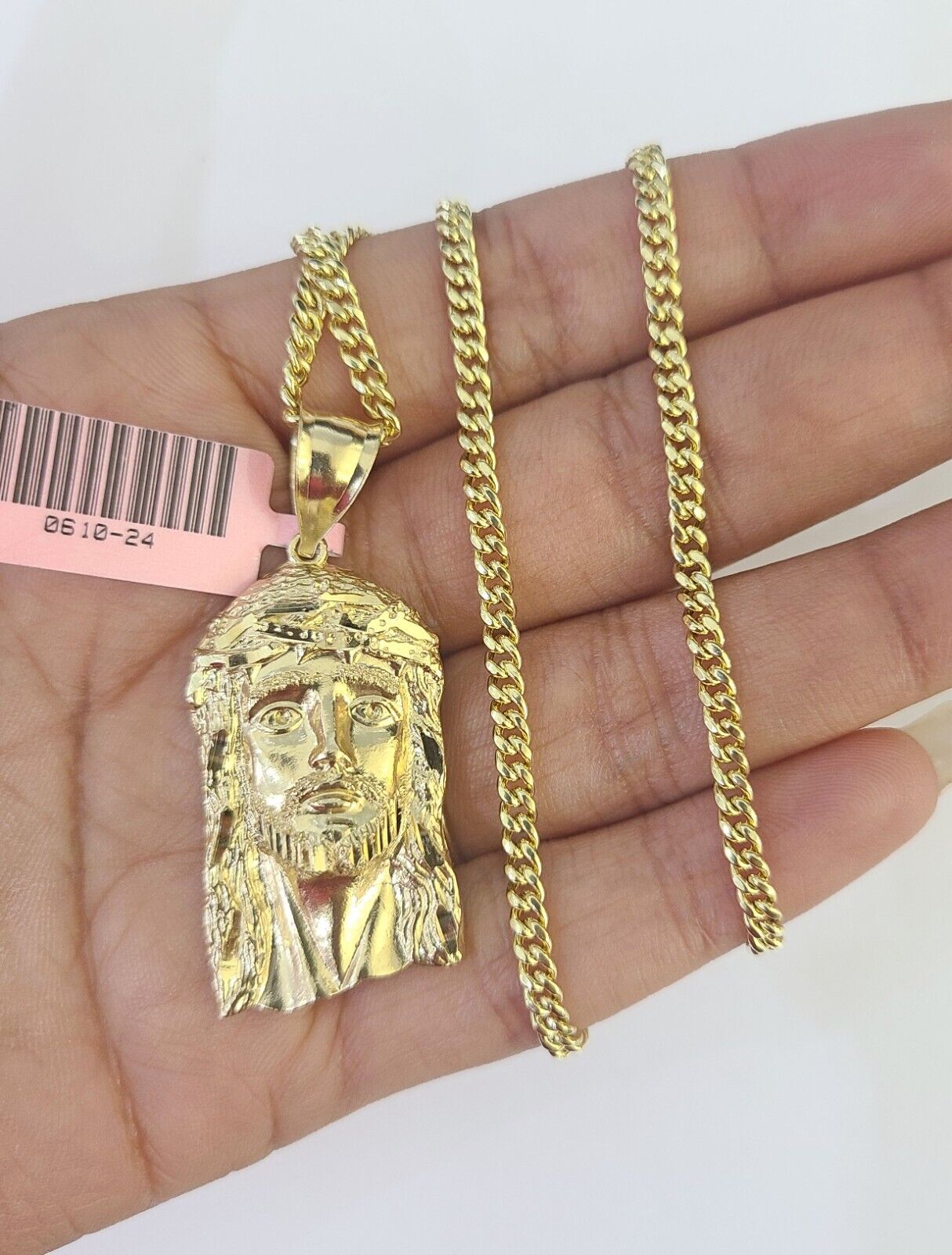 14k Miami Cuban Chain Jesus Head Charm Yellow Gold Set 3mm 18" - 28" Necklace - GoldenlinQ