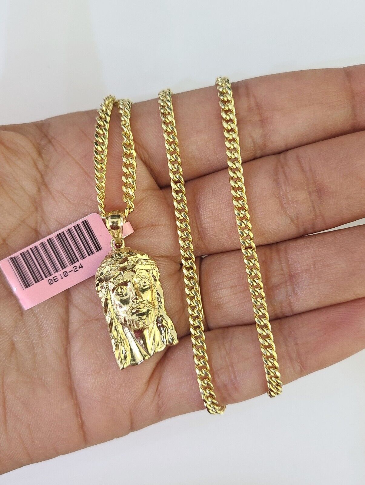14k Miami Cuban Chain Jesus Head Charm Yellow Gold Set 3mm 18" - 28" Necklace - GoldenlinQ