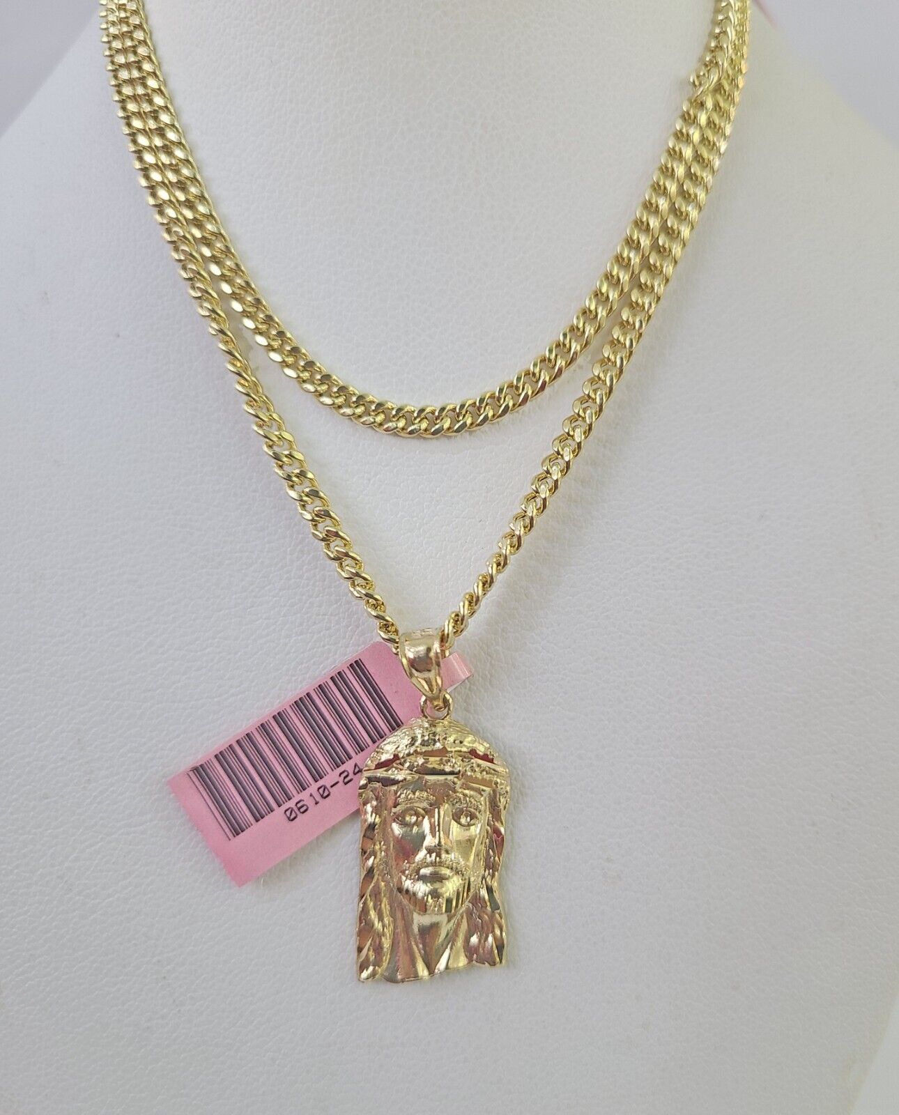 14k Miami Cuban Chain Jesus Head Charm Yellow Gold Set 3mm 18" - 28" Necklace - GoldenlinQ