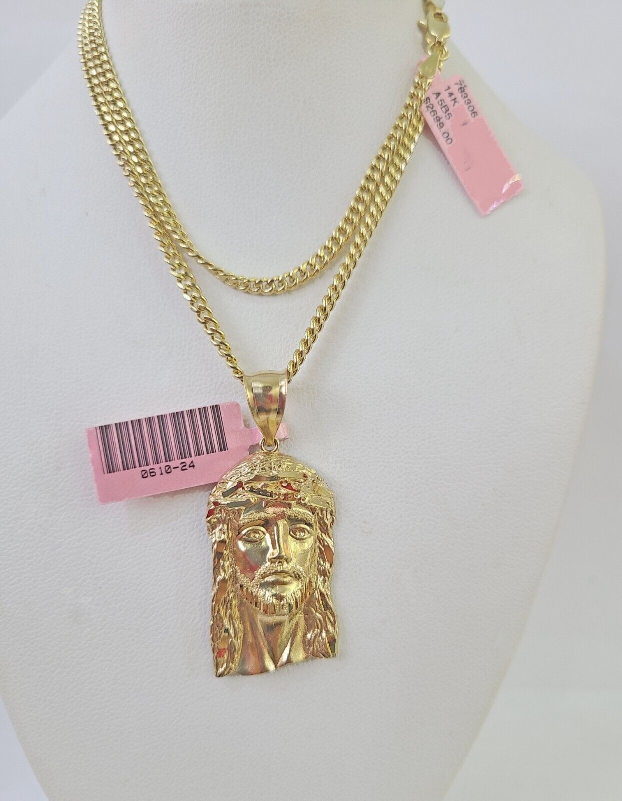 14k Miami Cuban Chain Jesus Head Charm Yellow Gold Set 3mm 18" - 28" Necklace - GoldenlinQ