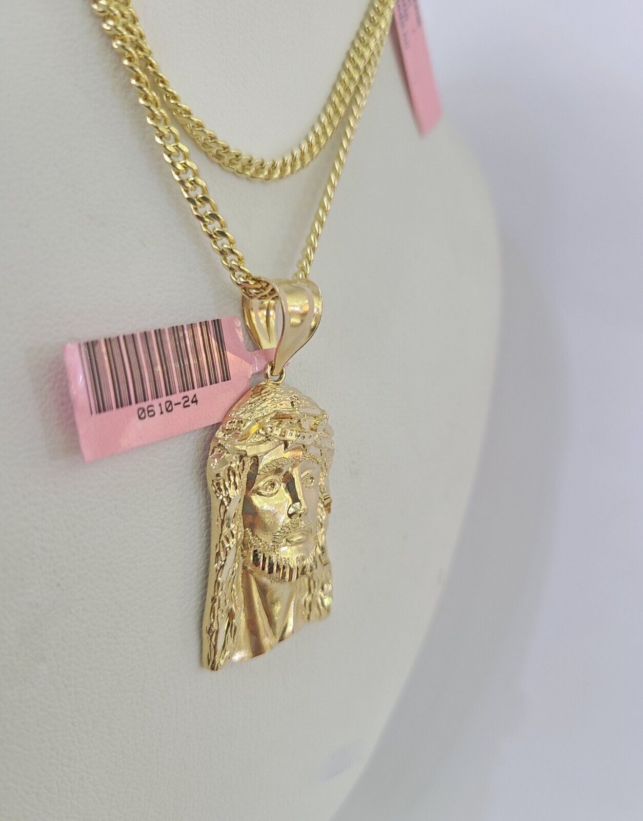 14k Miami Cuban Chain Jesus Head Charm Yellow Gold Set 3mm 18" - 28" Necklace - GoldenlinQ