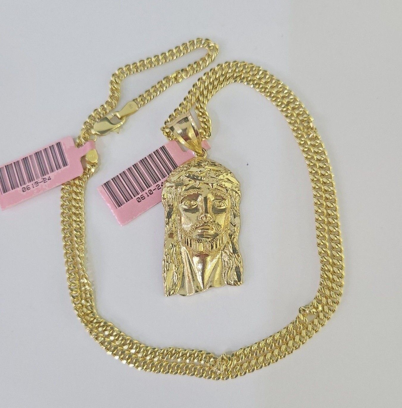 14k Miami Cuban Chain Jesus Head Charm Yellow Gold Set 3mm 18" - 28" Necklace - GoldenlinQ