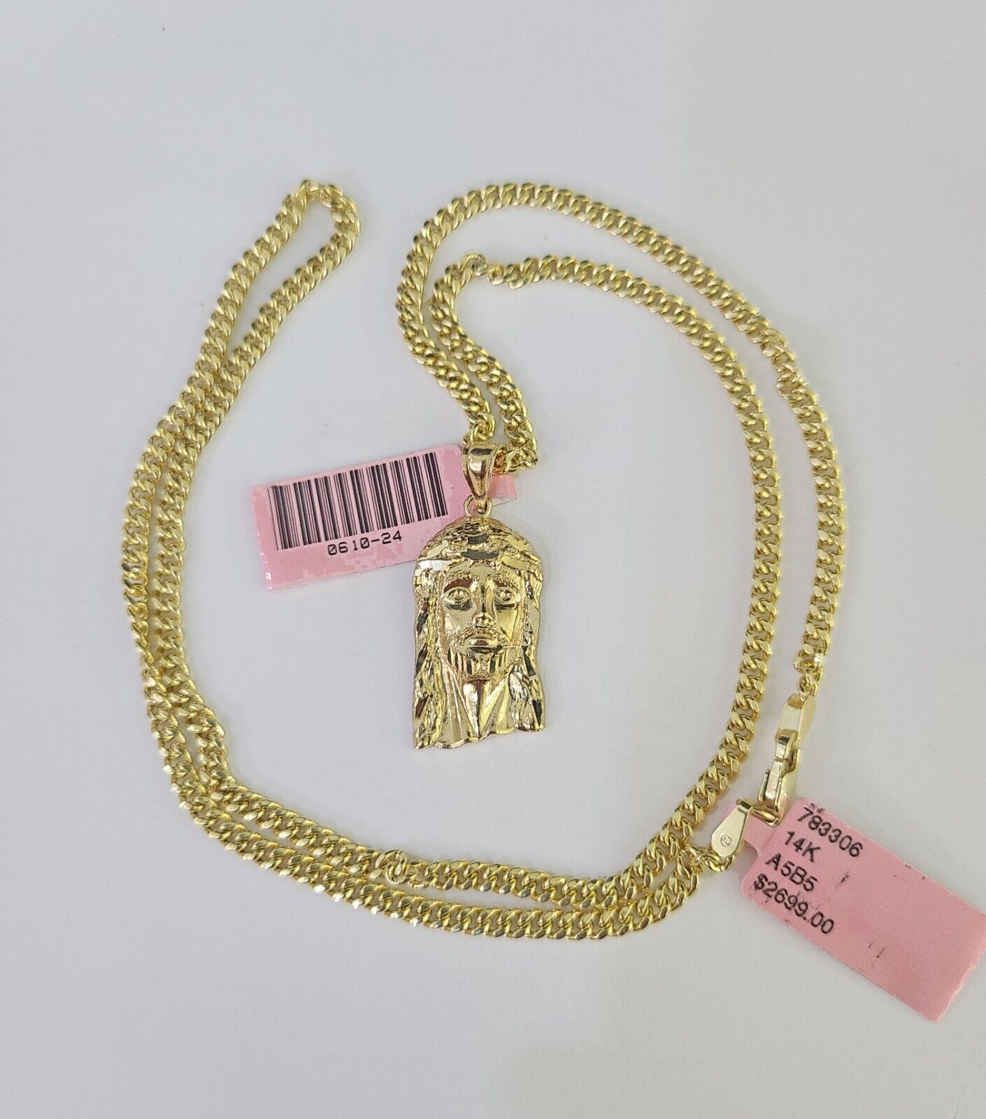 14k Miami Cuban Chain Jesus Head Charm Yellow Gold Set 3mm 18" - 28" Necklace - GoldenlinQ