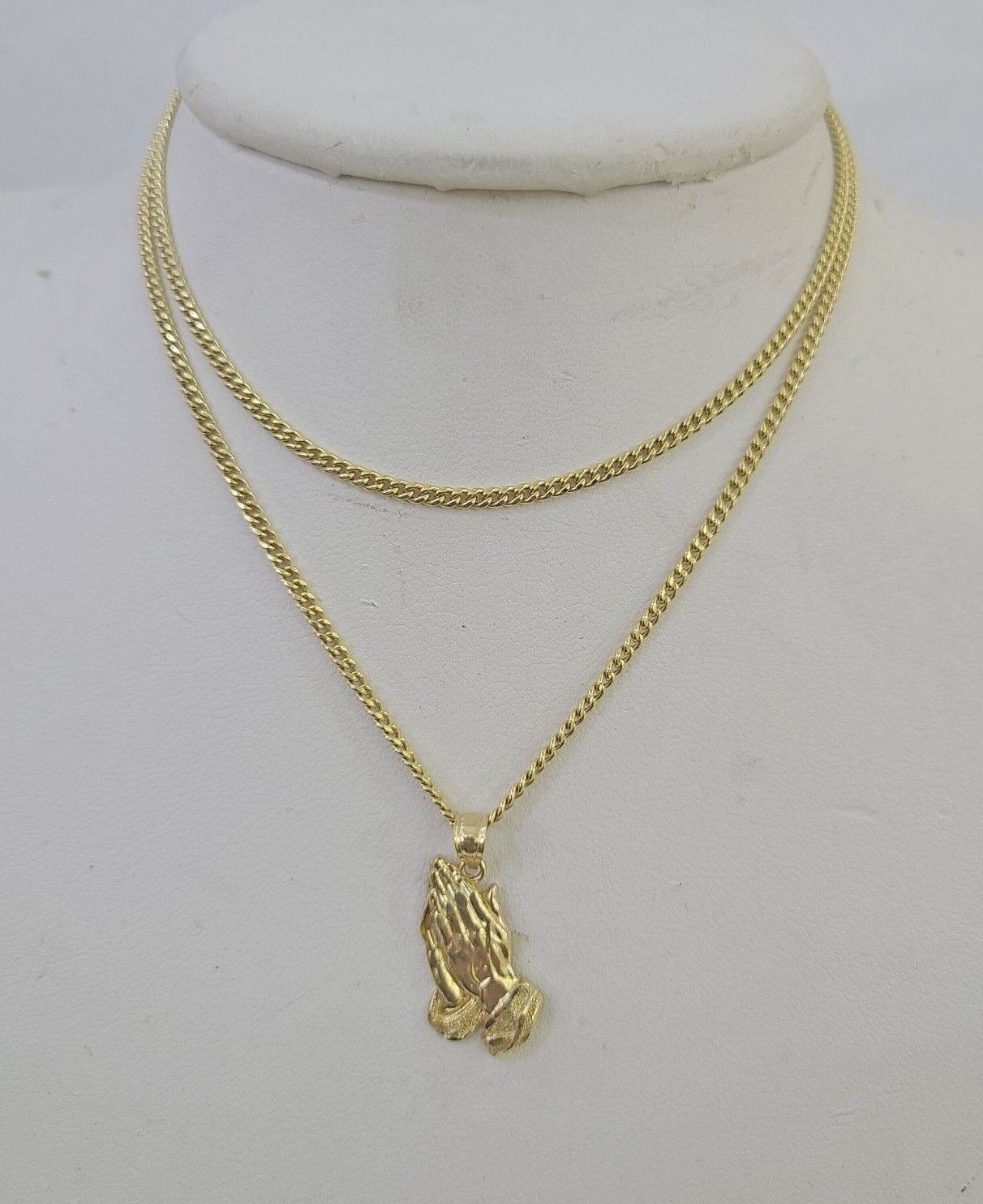 14k Miami Cuban Chain Praying Hands Charm Pendant 2mm 18" - 24inch SET Necklace - GoldenlinQ