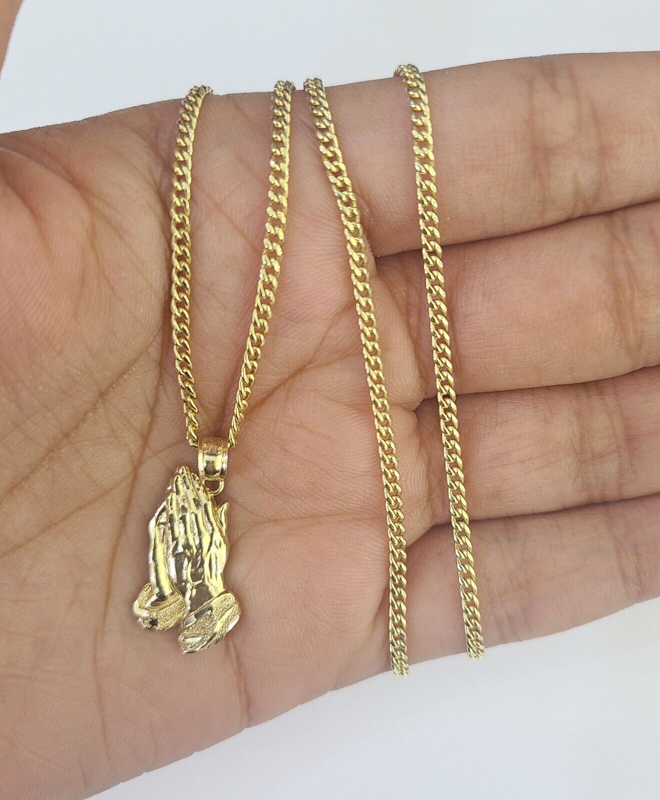 14k Miami Cuban Chain Praying Hands Charm Pendant 2mm 18" - 24inch SET Necklace - GoldenlinQ