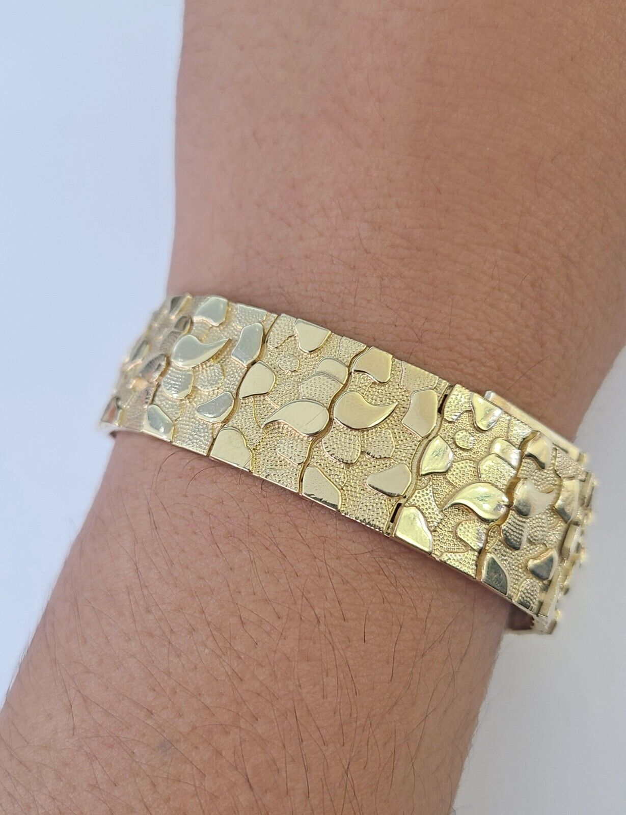 14K REAL Nugget Bracelet Yellow Gold 8.5"Inch 17mm Men Hand Gold 14kt - GoldenlinQ