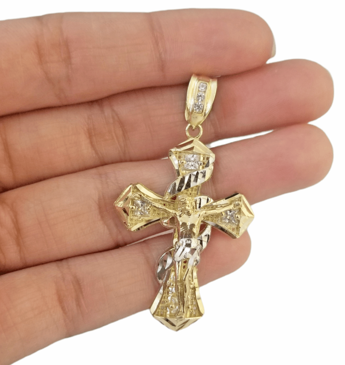14K Real Yellow Gold Jesus Cross Diamond Cut Pendant Religious - GoldenlinQ