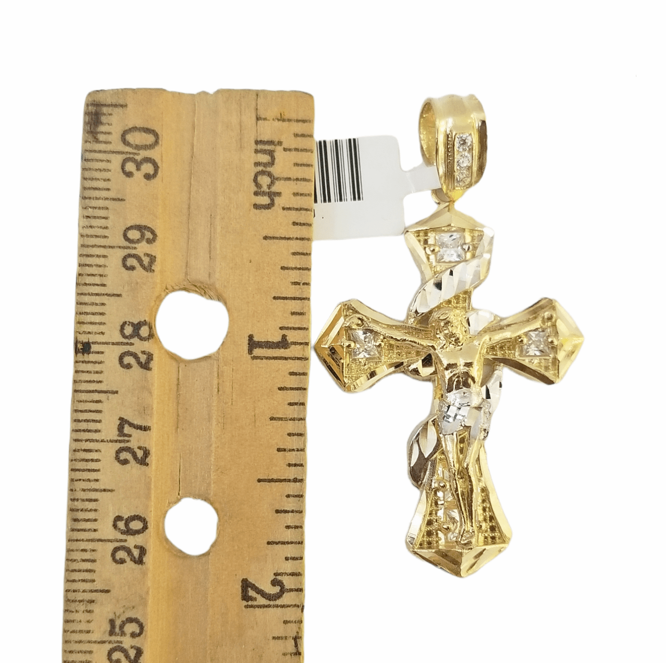 14K Real Yellow Gold Jesus Cross Diamond Cut Pendant Religious - GoldenlinQ
