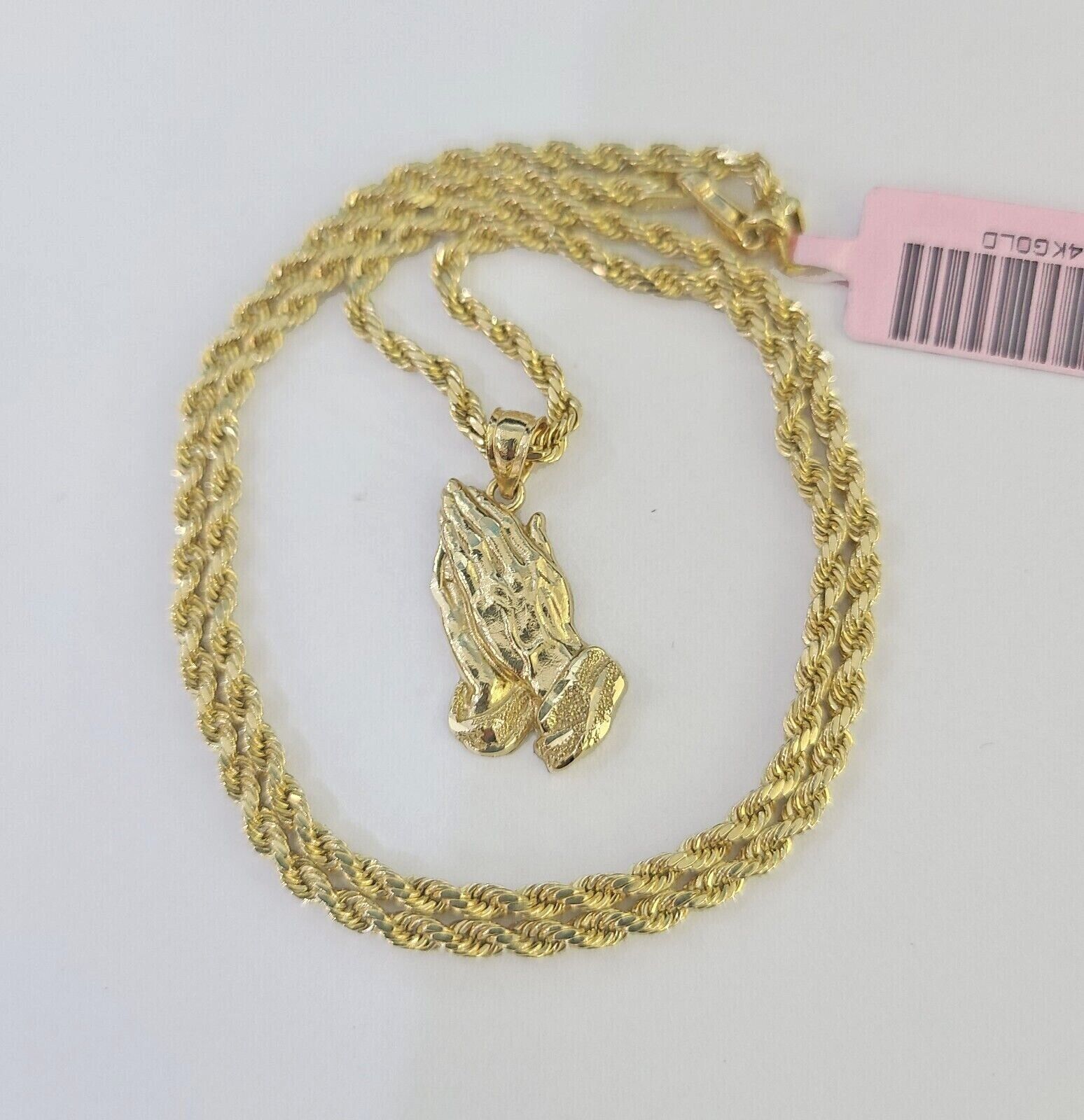 14k Rope Chain Praying Hands Charm Pendant Gold 2mm 18" - 24inch SET Necklace - GoldenlinQ